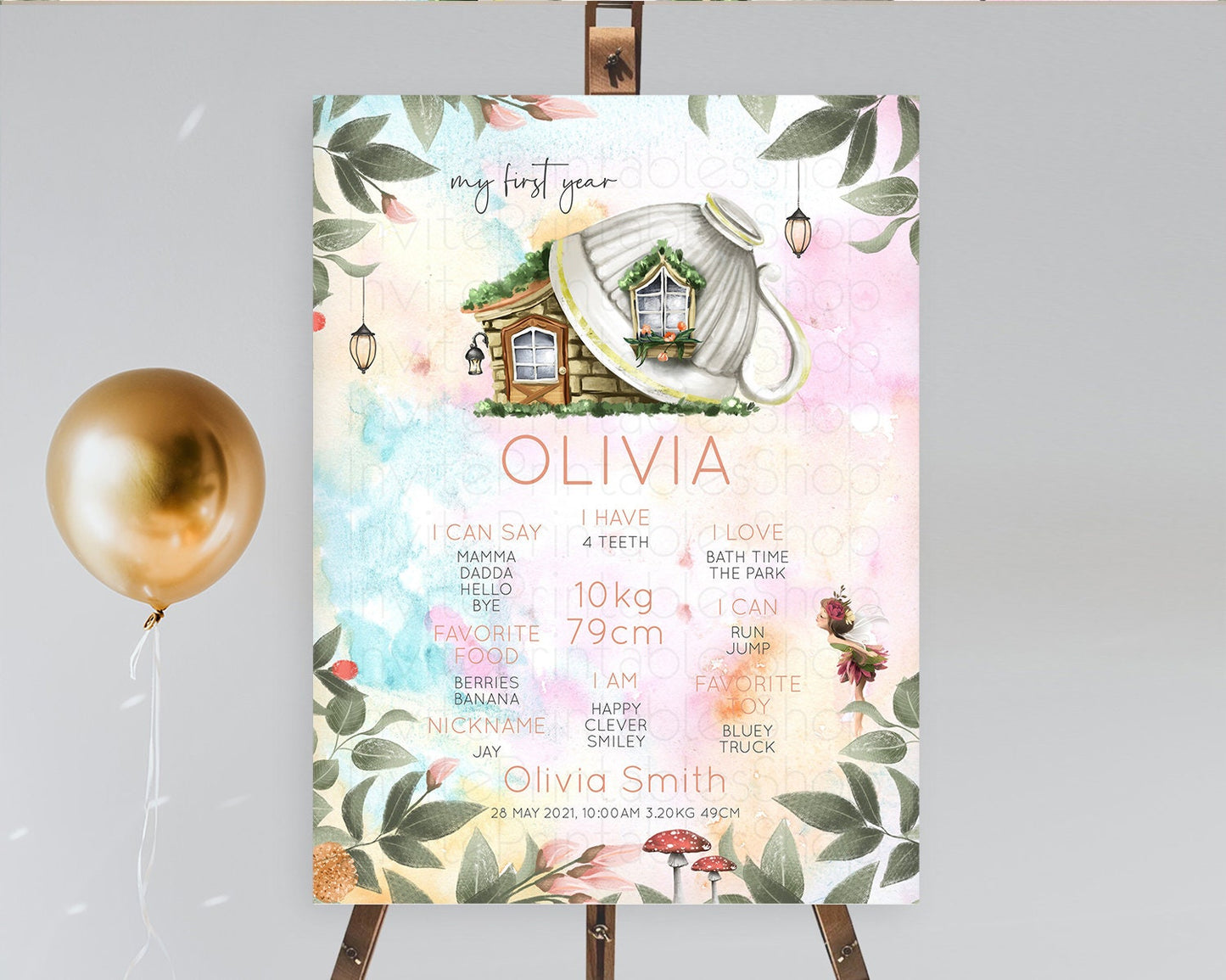 Fairy First Birthday Milestone Poster Fairy Secret Garden Milestone Board Enchanted Garden Pastel Floral Butterfly 1st Birthday Sign D10555