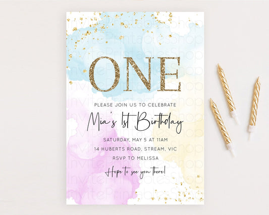 Editable Rainbow Birthday Invitation Colorful Pastel Watercolor Invitation G