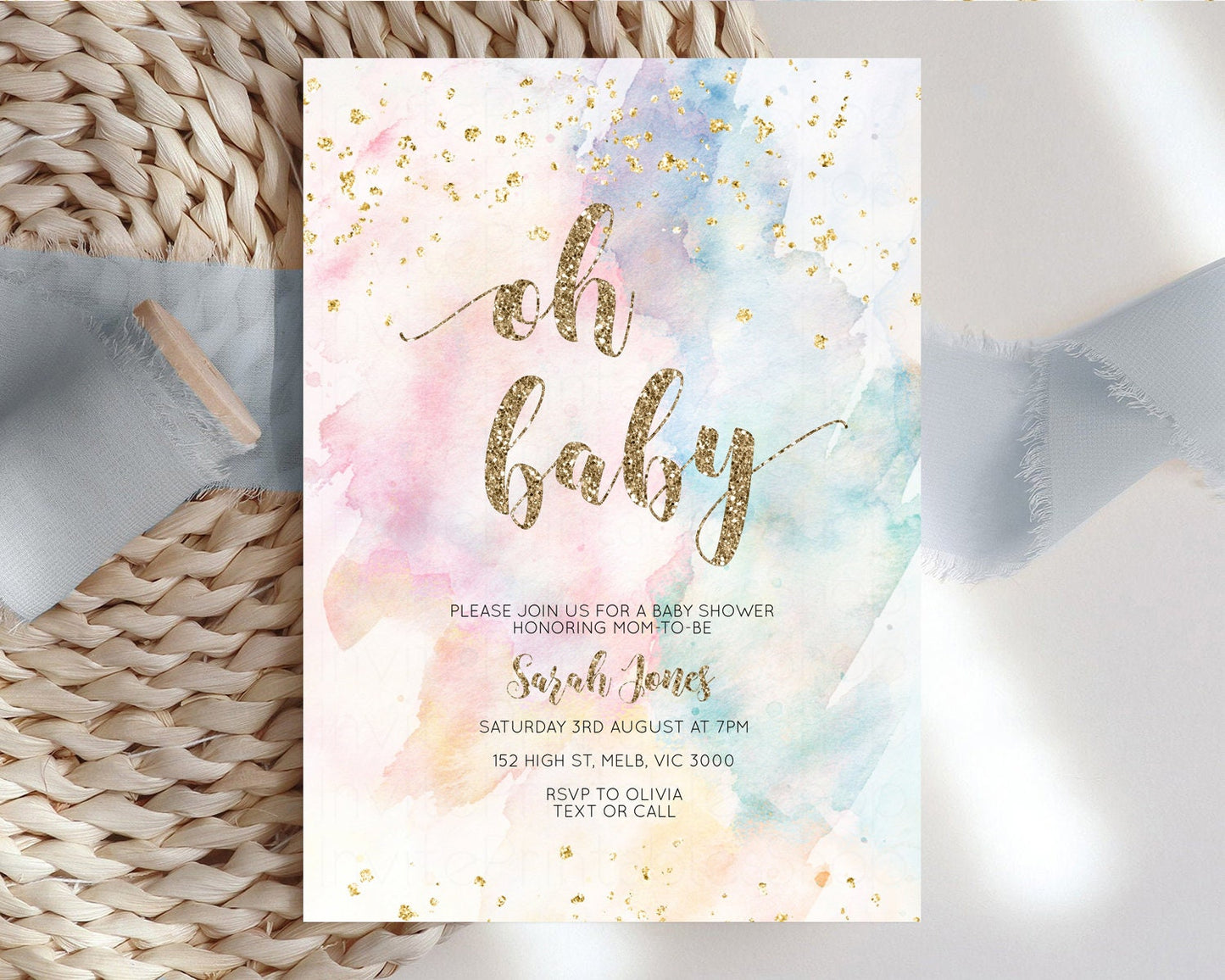 Rainbow Baby Shower Invitation Pastel Baby Shower Invitation Watercolor Ombre Invitation Rainbow Pastel Colors Invite Glitter Confetti 276