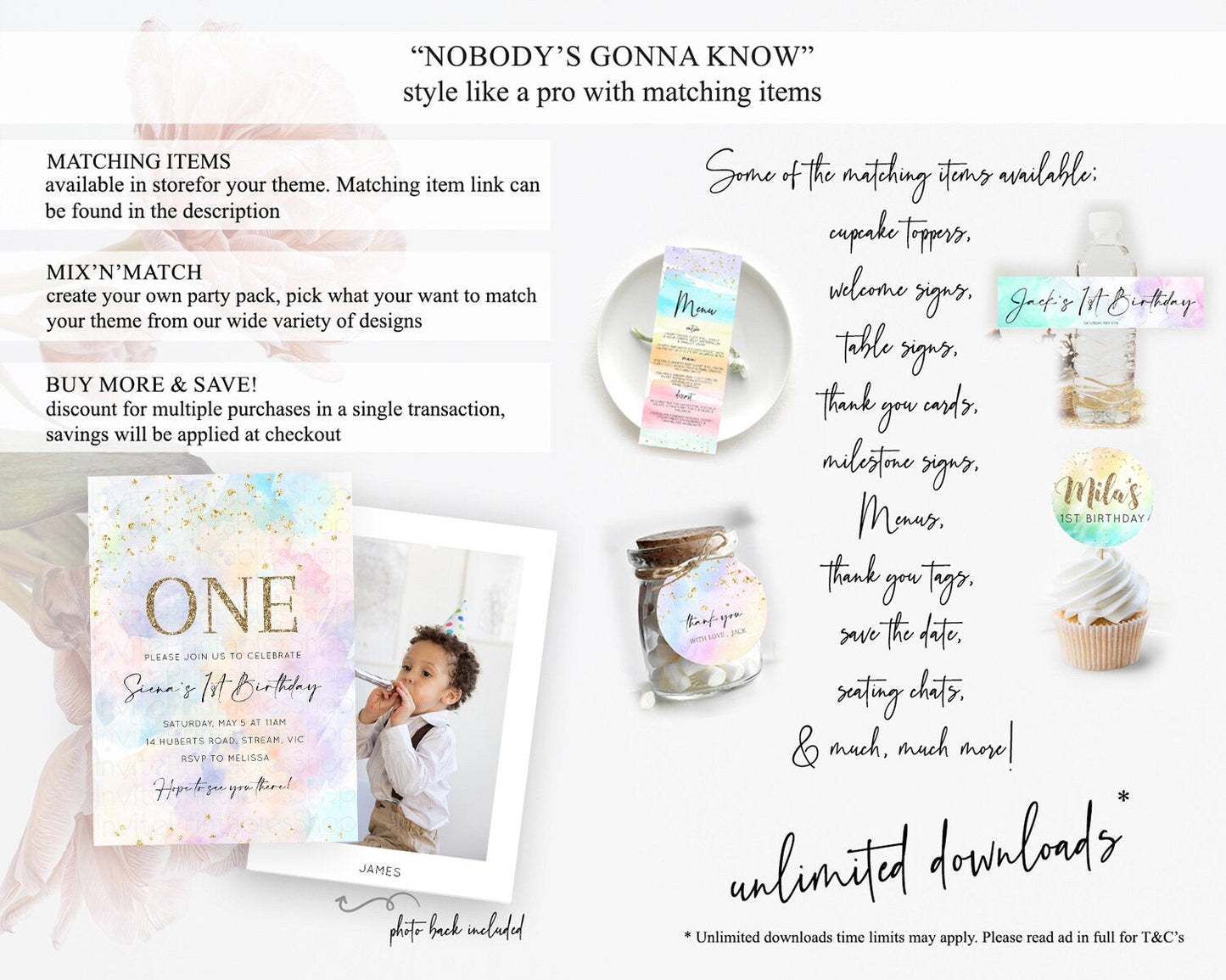 Rainbow Birthday Invitation Colorful Pastel Watercolor Invitation Gold Glitter Sprinkles Ombre Pastel 1st 2nd 3rd Birthday D10605
