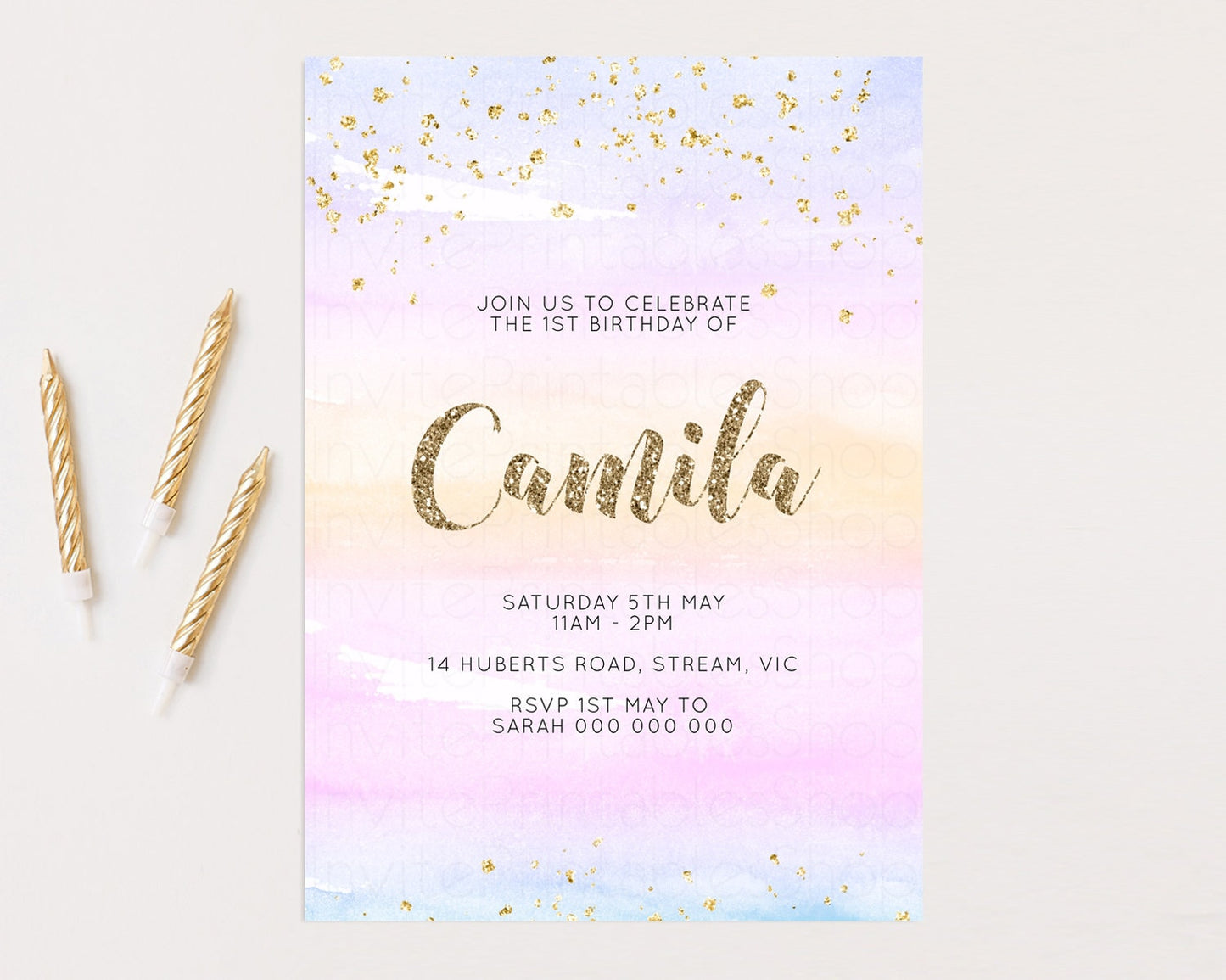 Pastel Birthday Invite Colorful Birthday Invitation Orange Purple Watercolor Invite Pastel Pink Ombre Invite Glitter Invite 1st 2nd 3rd P581