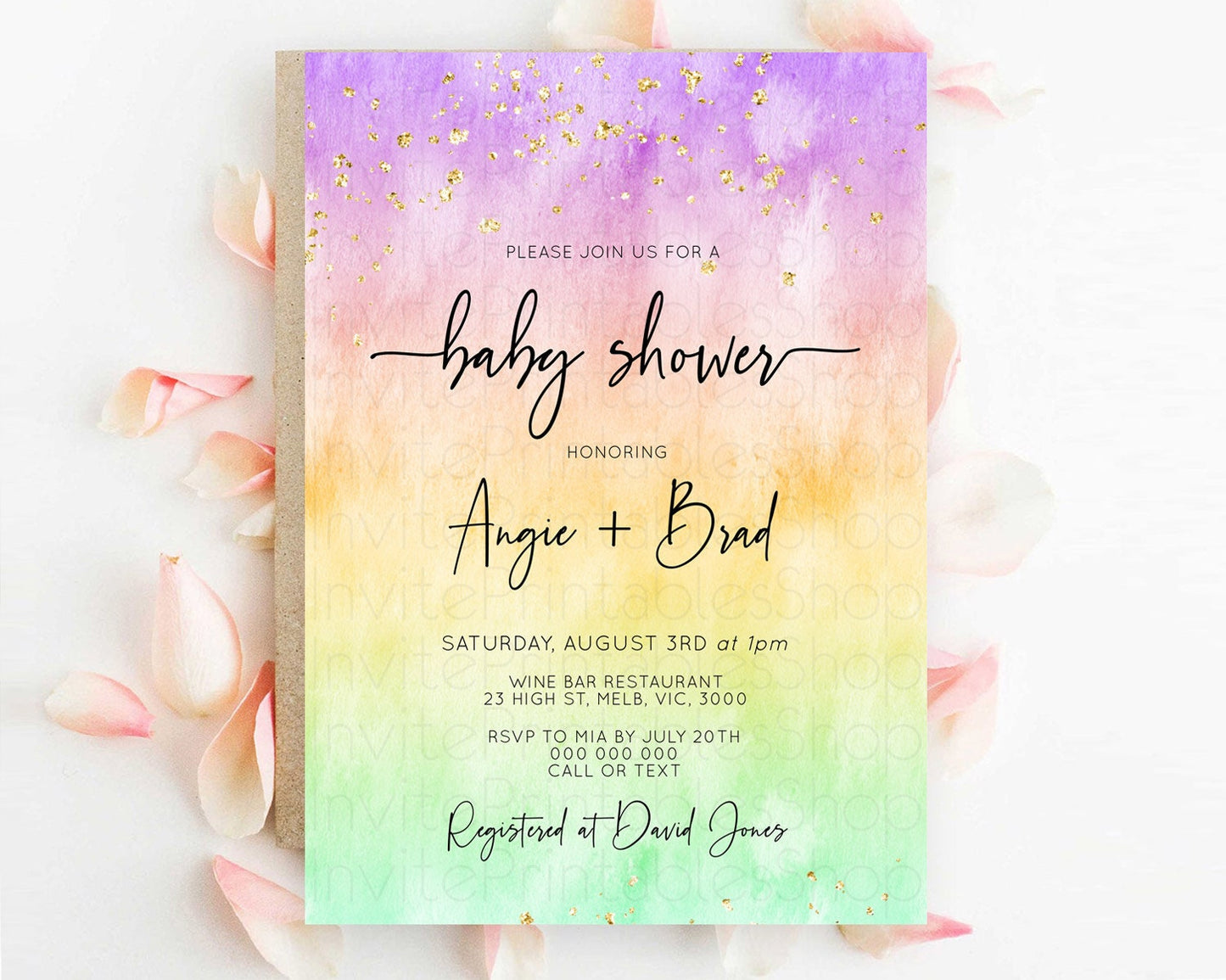 Pastel Baby Shower Invitation Rainbow Baby Shower Invitation Colorful Pastel Watercolor Invitation Gold Glitter Sprinkles Ombre D10514