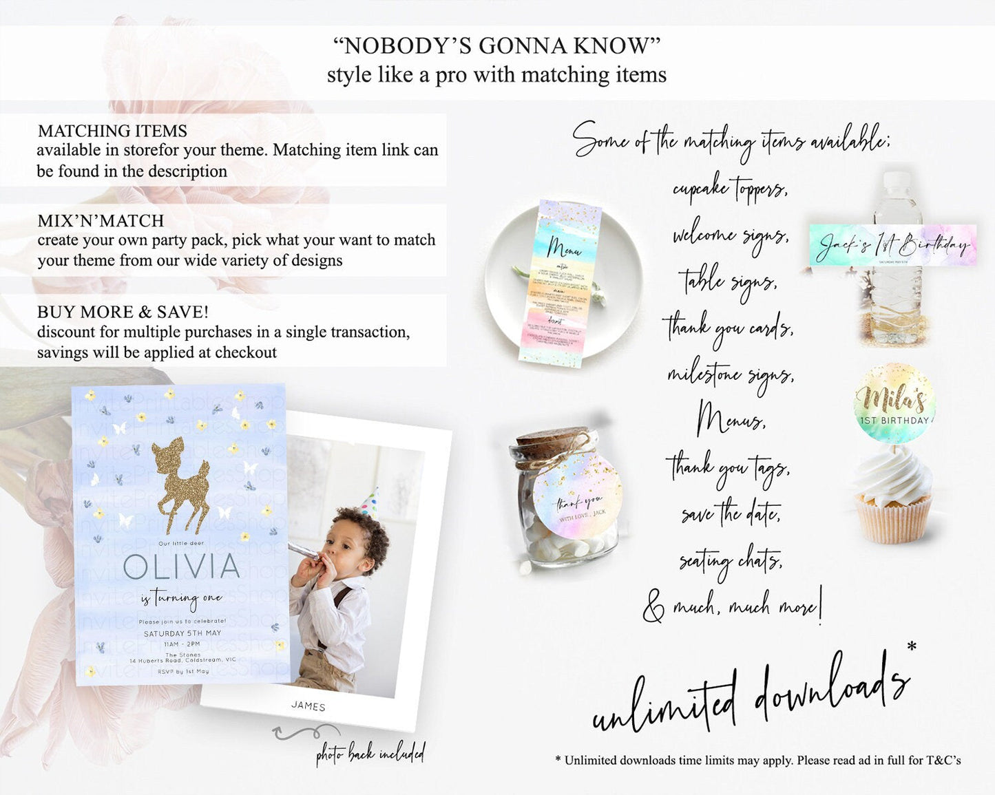 Fawn Birthday Invitation Deer Birthday Invitation Enchanted Forest Party Butterfly Pastel Flowers Whimsical 2nd 1st First Birthday D10863
