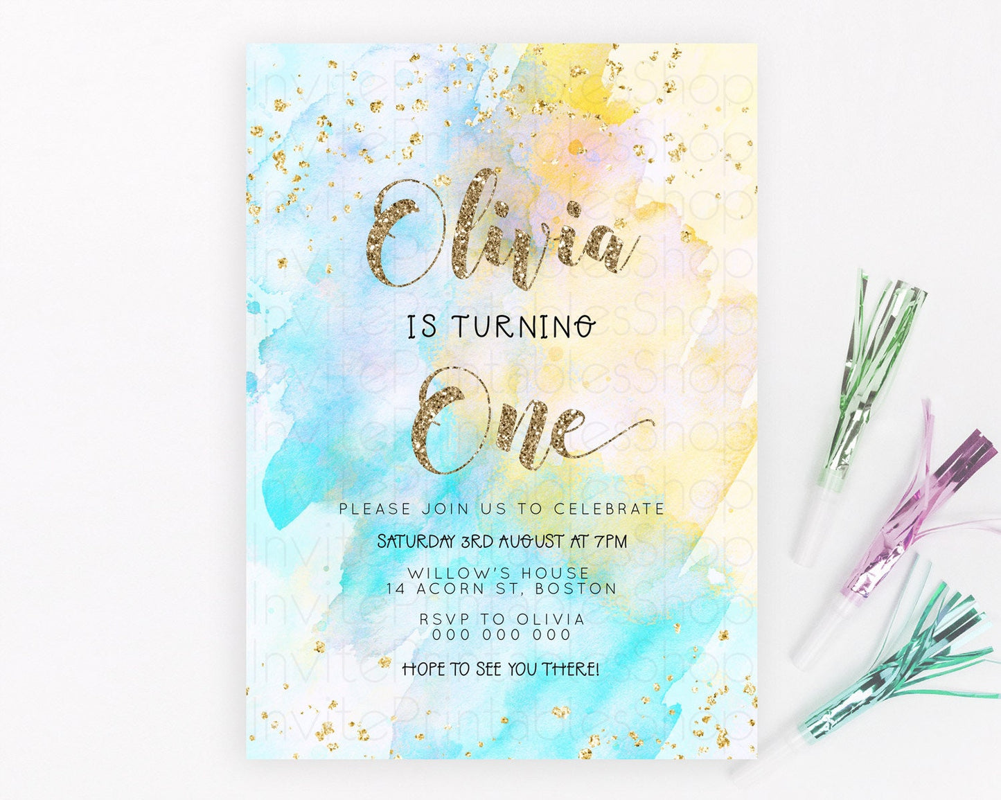 Rainbow Birthday Invitation Colorful Pastel Watercolor Invitation Gold Glitter Sprinkles Ombre Pastel 1st 2nd 3rd Birthday D23301