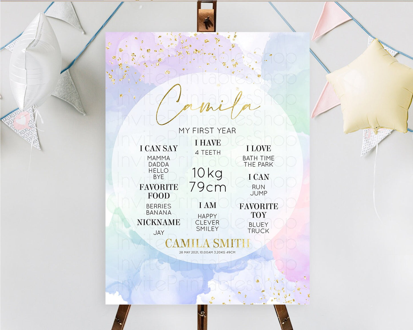 Pastel First Birthday Milestone Board Pastel Rainbow Milestone Poster Colorful Confetti Watercolor Glitter 1st Birthday Welcome Sign D10624