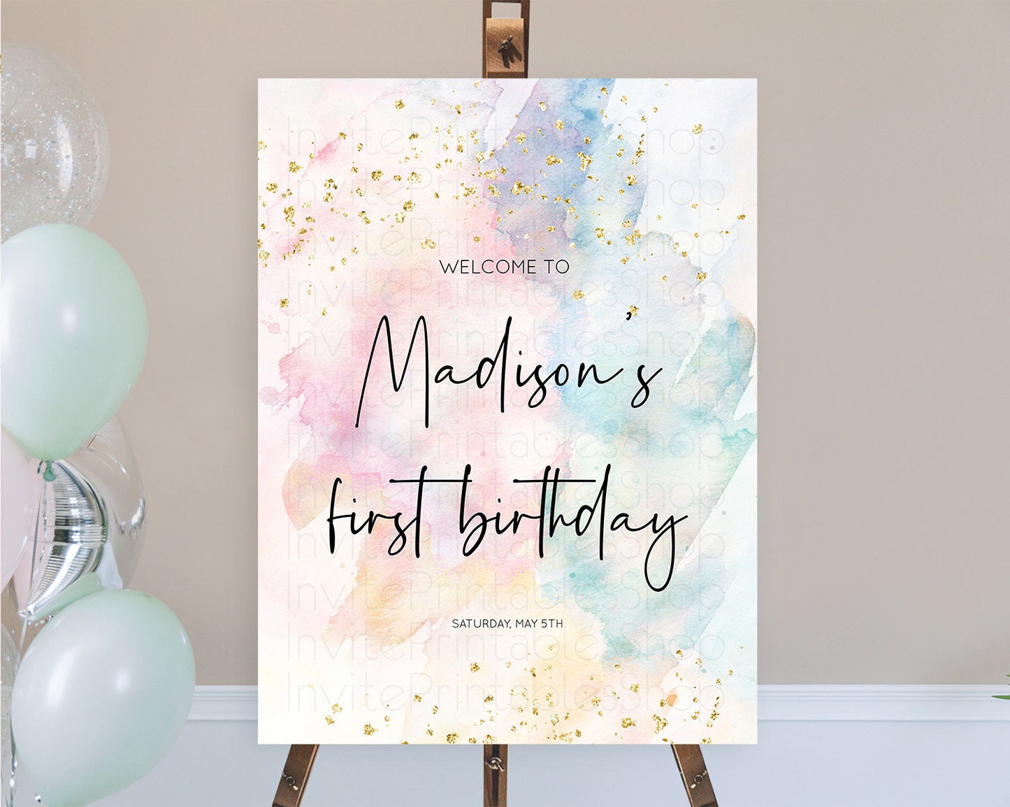 Pastel Welcome Sign Pastel Rainbow Welcome Sign Colorful Rainbow Confetti Watercolor Glitter Pastel First Birthday Welcome Sign D10263