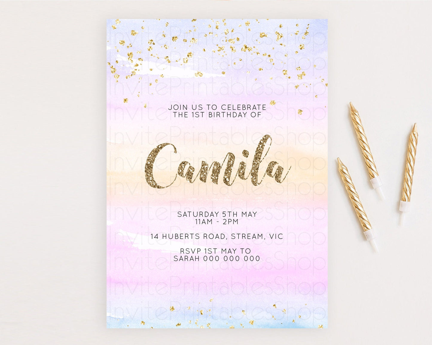 Rainbow Birthday Invitation Colorful Pastel Watercolor Invitation Gold Glitter Sprinkles Ombre Pastel 1st 2nd 3rd Birthday D10595