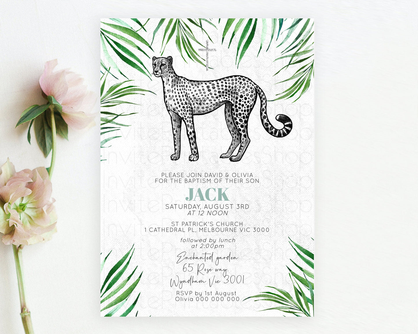 Cheetah Baptism Invitation Cheetah Baptism 1st Birthday Invitation Cheetah Safari Adventure Christening Party Palm Leaf Zoo Cheetah D10849