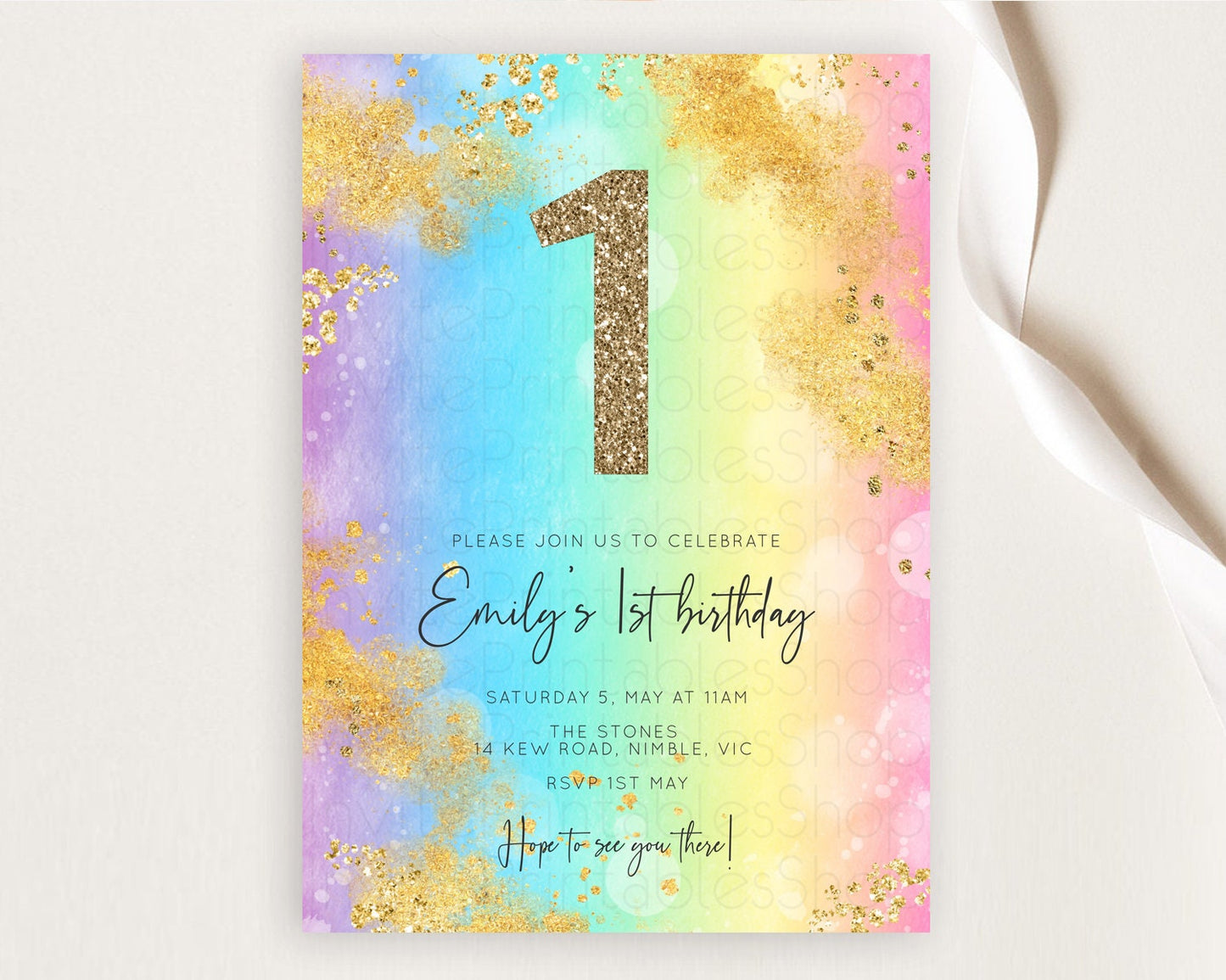 Rainbow Birthday Invitation Colorful Pastel Watercolor Invitation Gold Glitter Sprinkles Ombre Pastel 1st 2nd 3rd Birthday D10559