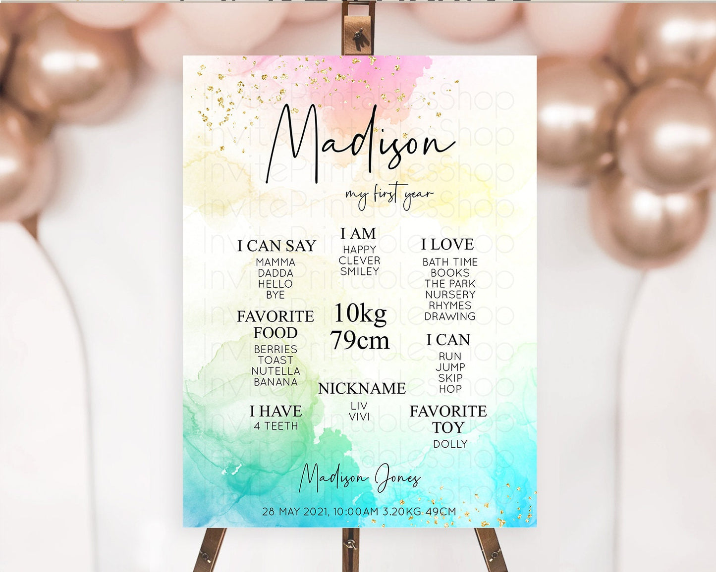 Pastel First Birthday Milestone Board Pastel Rainbow Milestone Poster Colorful Confetti Watercolor Glitter 1st Birthday Welcome Sign D10151
