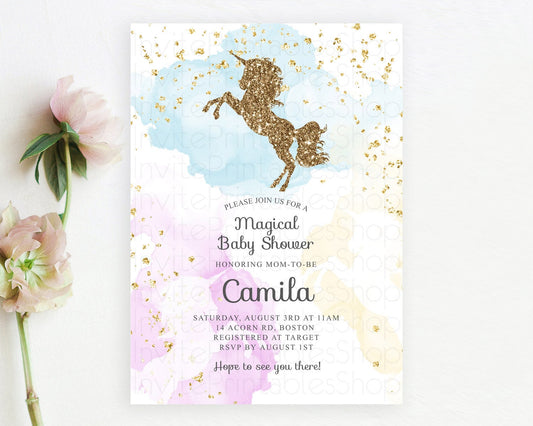 Editable Pastel Unicorn Rainbow Baby Shower Invitation: Pastel Ombre Waterco