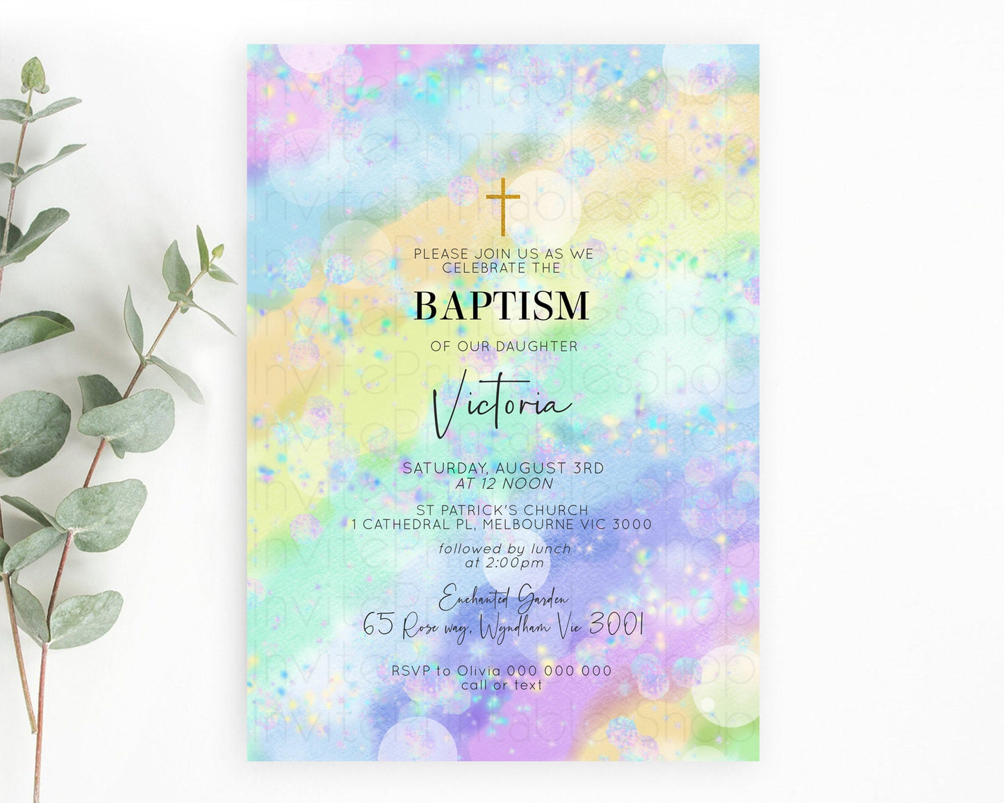 Rainbow Baptism Invitation Colorful Pastel Watercolor Baptism 1st Birthday Invitation Iridescent Glitter Sprinkles Ombre Christening D10689