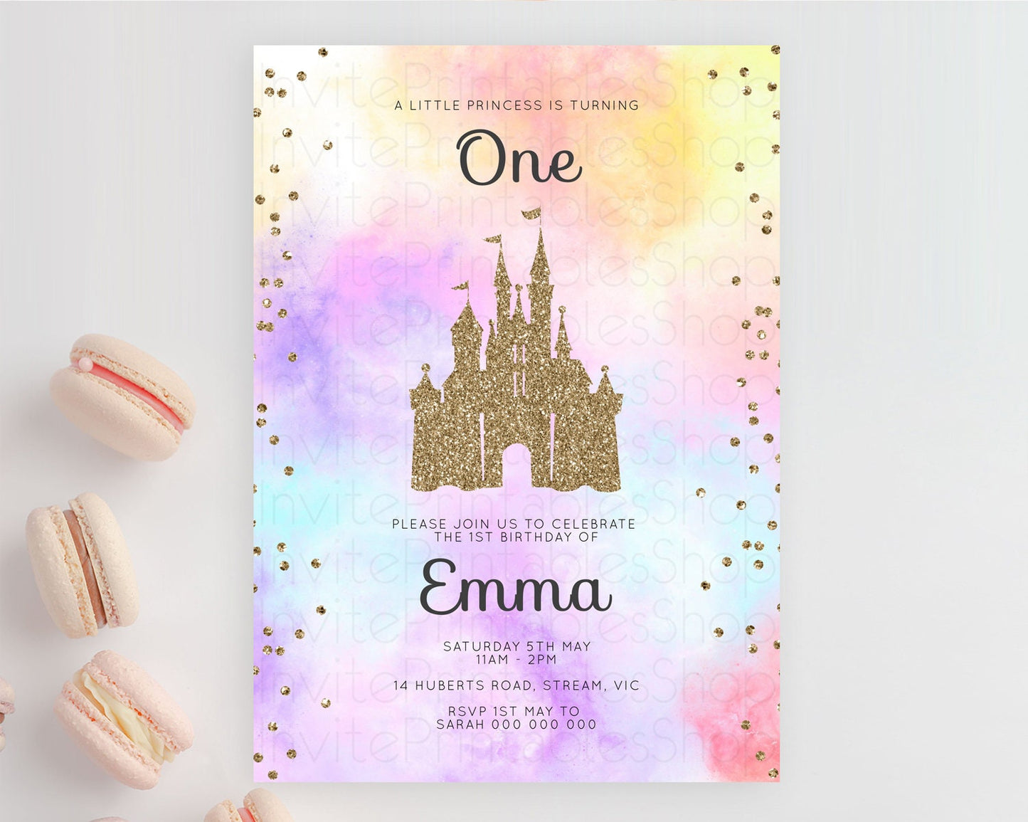 Princess Birthday Invitation Princess Invitation Pastel Invitation Royal Birthday Rainbow Color Enchanted Castle 1st First Birthday D10148