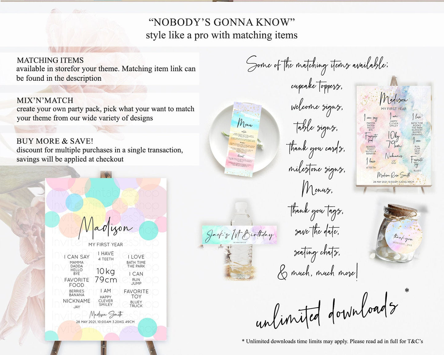 Pastel First Birthday Milestone Poster Pastel Rainbow Confetti First Birthday Milestone Board Colorful Bubbles Birthday Welcome Sign D10223