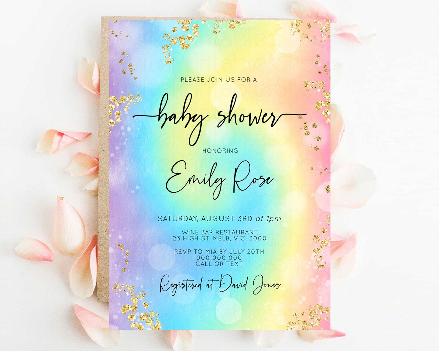 Rainbow Baby Shower Invitation Watercolor Pastel Invitation Colorful Splash Baby Invite Gold Glitter Sprinkles Ombre Gender Reveal t571