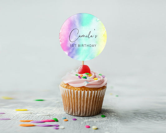 Editable Rainbow Cupcake Toppers Pastel Cupcake Toppers Colorful Pastel Wate