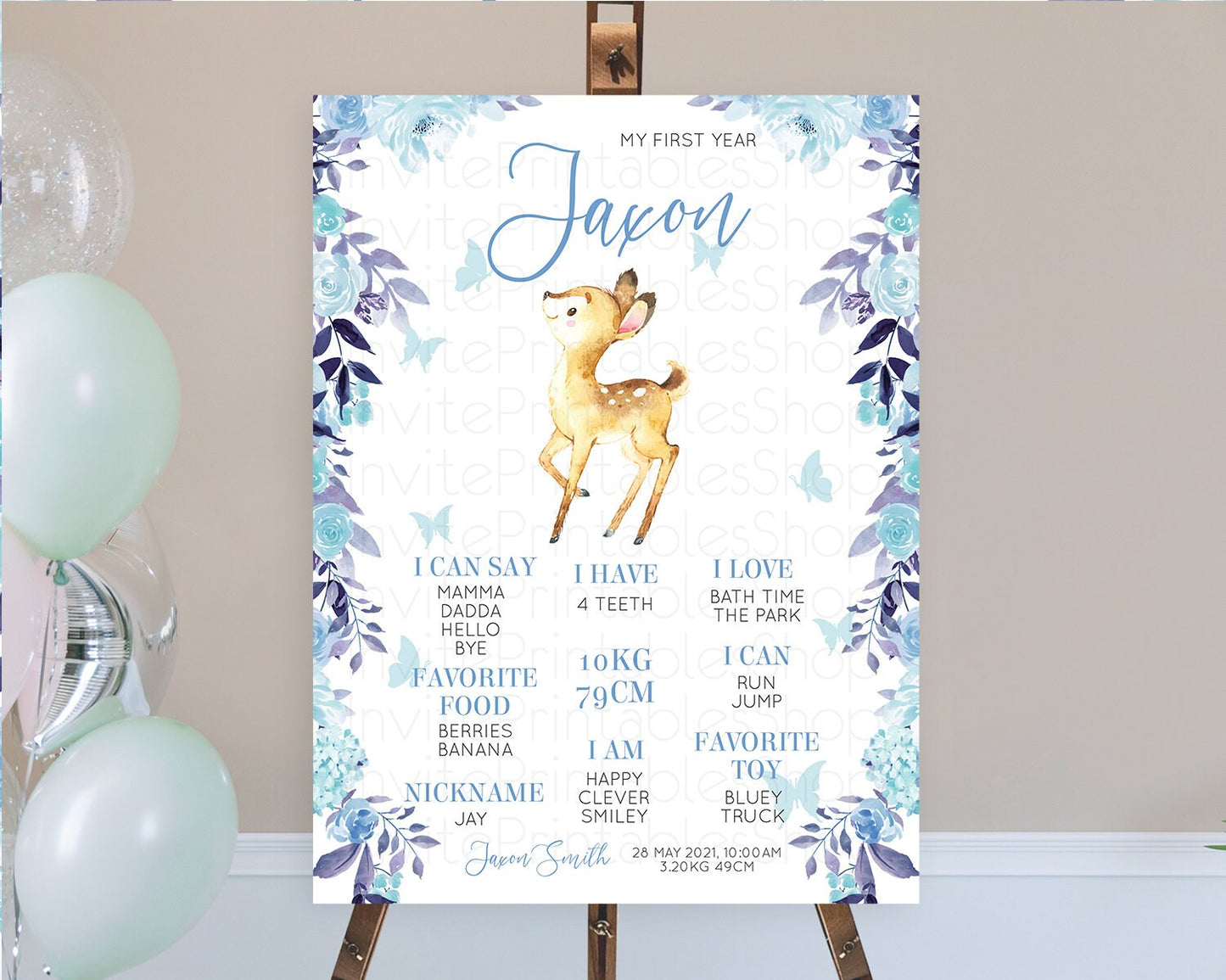 Fawn First Birthday Milestone Board Deer First Birthday Milestone Poster Enchanted Forest Butterfly Pastel Flowers 1st Birthday Sign D10917