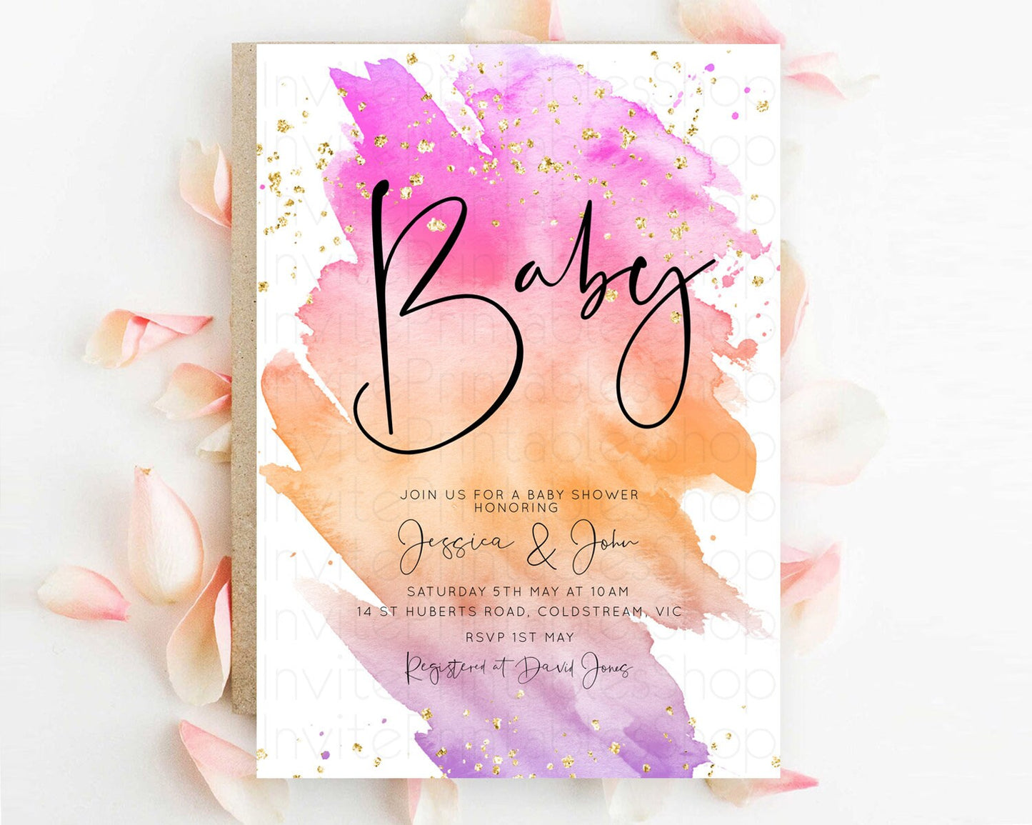 Pastel Baby Shower Invitation Rainbow Baby Shower Invitation Colorful Pastel Watercolor Invitation Gold Glitter Sprinkles Ombre D10488