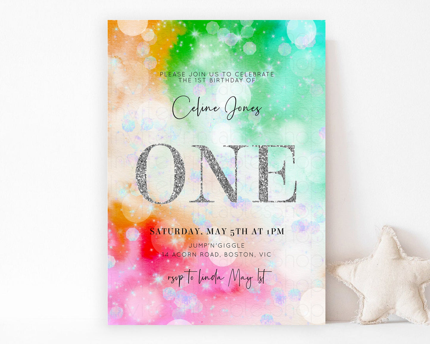 Rainbow Birthday Invitation Pastel Birthday Invite Ombre Watercolor Invite Enchanted Theme Colorful Splash Glitter Sprinkles 1st 2nd 3rd