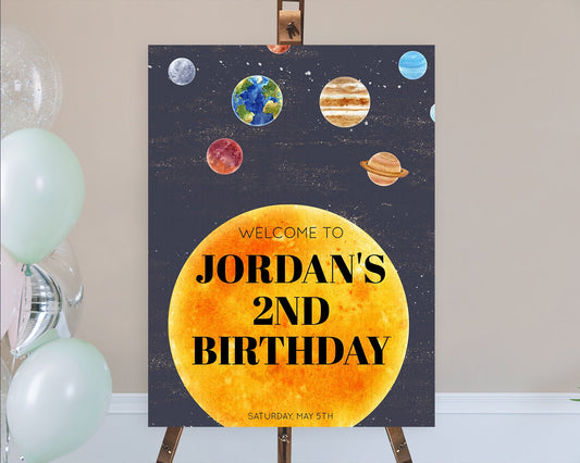 Space Birthday Welcome Sign Space Welcome Board First Trip Around the Sun Welcome Poster Planets Solar System ONE year Birthday Sign D10430