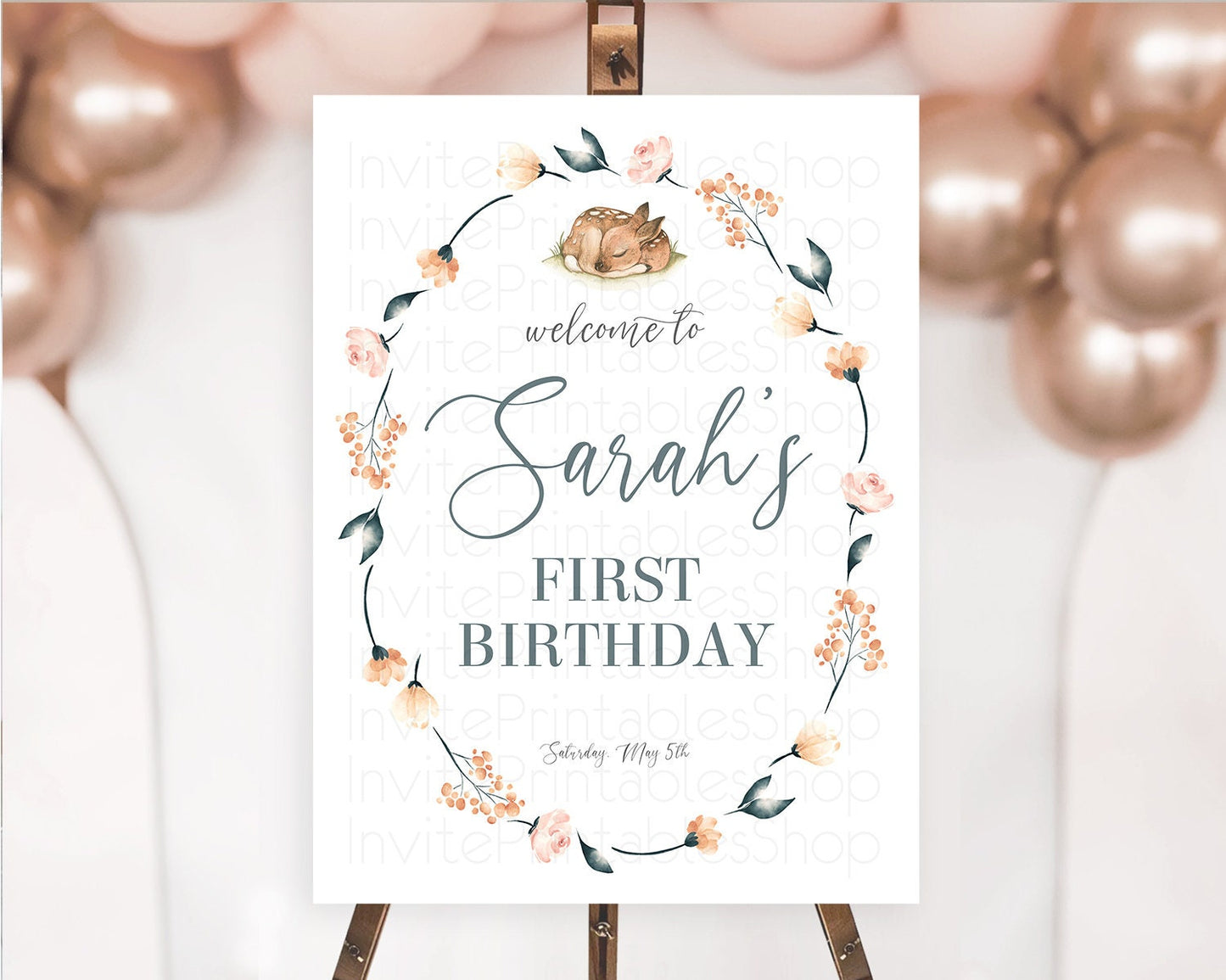 Fawn Welcome Sign Deer Welcome Board Floral Deer Welcome Poster Enchanted Forest Butterfly Pastel Floral First Birthday Welcome Sign D10790