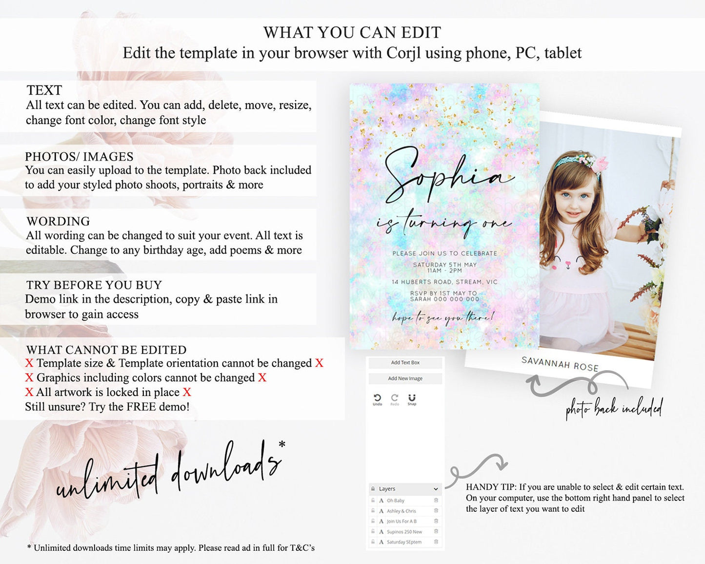 Rainbow Birthday Invitation Colorful Pastel Watercolor Invitation Gold Glitter Sprinkles Ombre Pastel 1st 2nd 3rd Birthday D10652