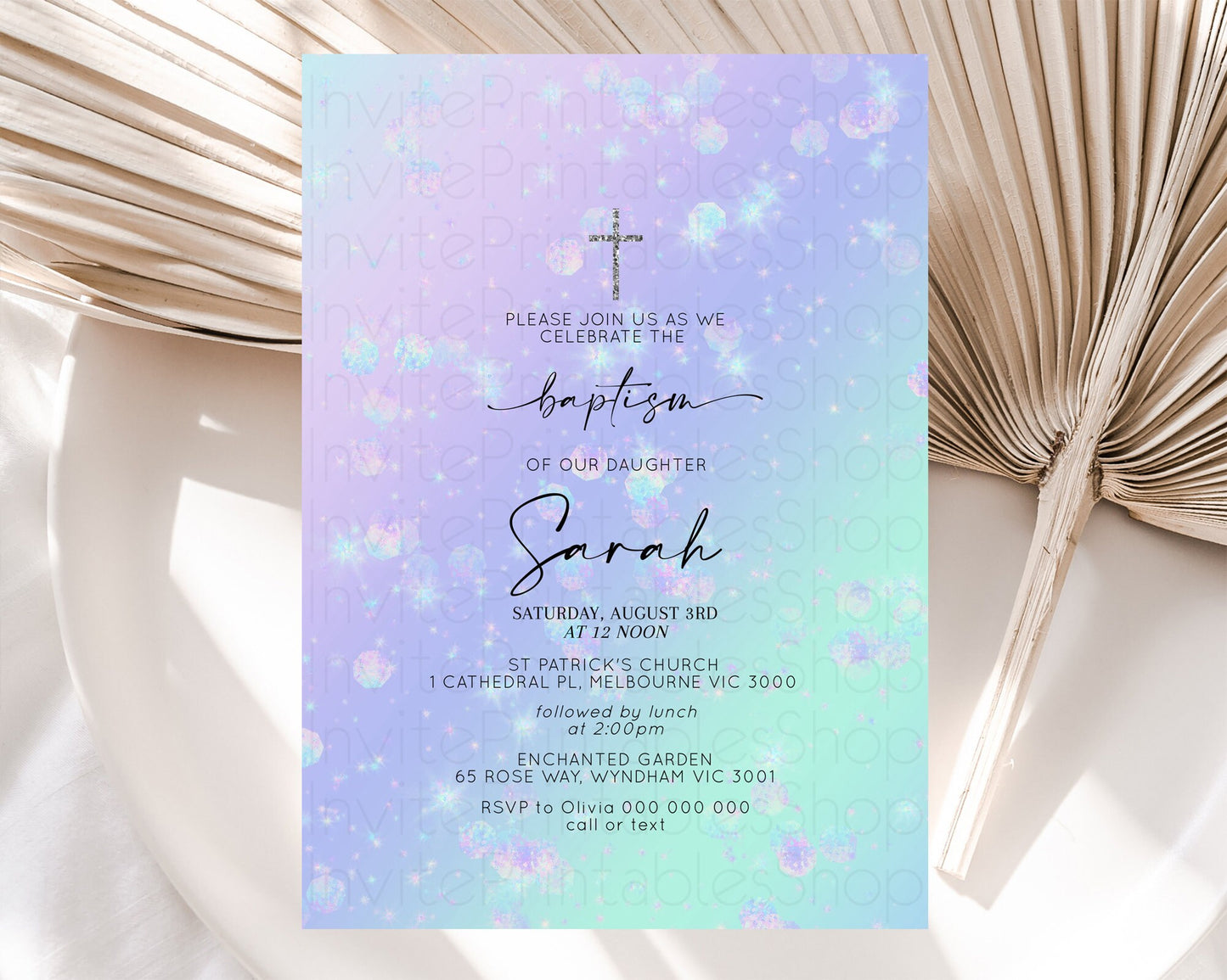 Rainbow Baptism Invitation Colorful Pastel Watercolor Baptism 1st Birthday Invitation Iridescent Glitter Sprinkles Ombre Christening D10663