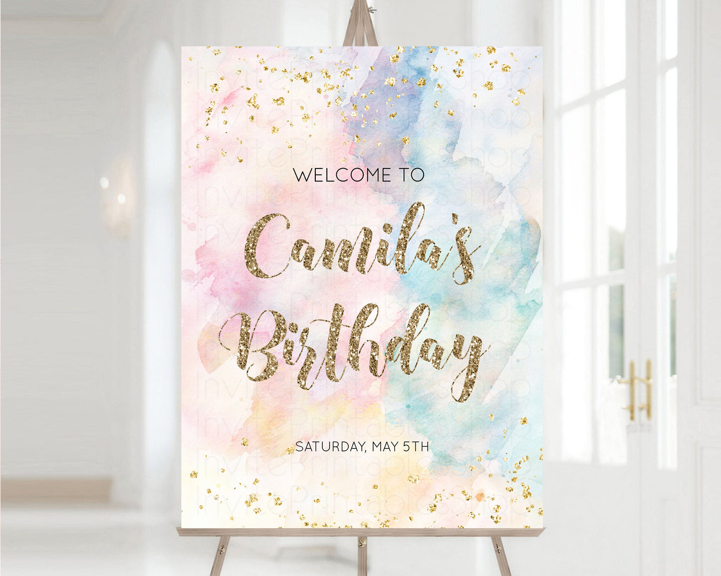 Rainbow Welcome Sign Pastel Watercolor Welcome Board Gold Glitter Confetti Colorful Splash Party Entry Sign 1st Birthday Poster 276