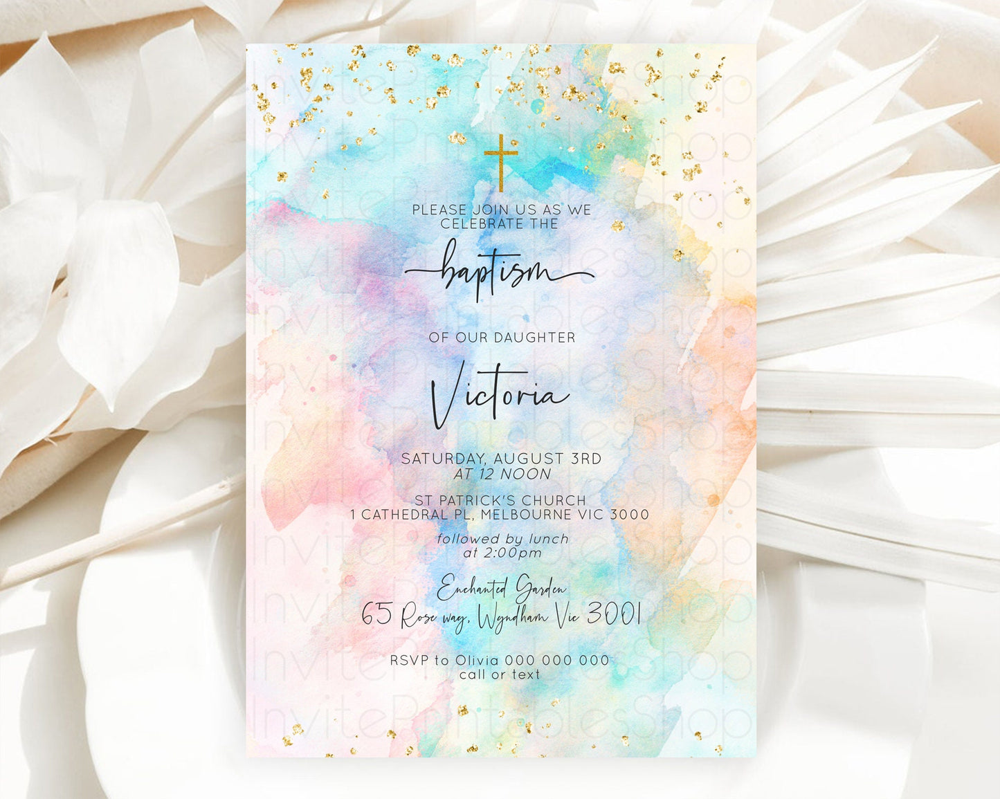 Pastel Baptism Invitation Pastel Colors Watercolor Baptism 1st Birthday Party Gold Ombre Pastel Rainbow Christening Holy Communion D10260