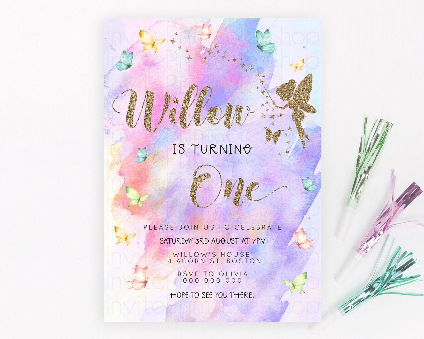 Pastel Fairy Birthday Invitation Pastel Butterflies Fairy Birthday Invitation Rainbow Ombre Watercolor 1st 2nd Birthday Invitation D23341