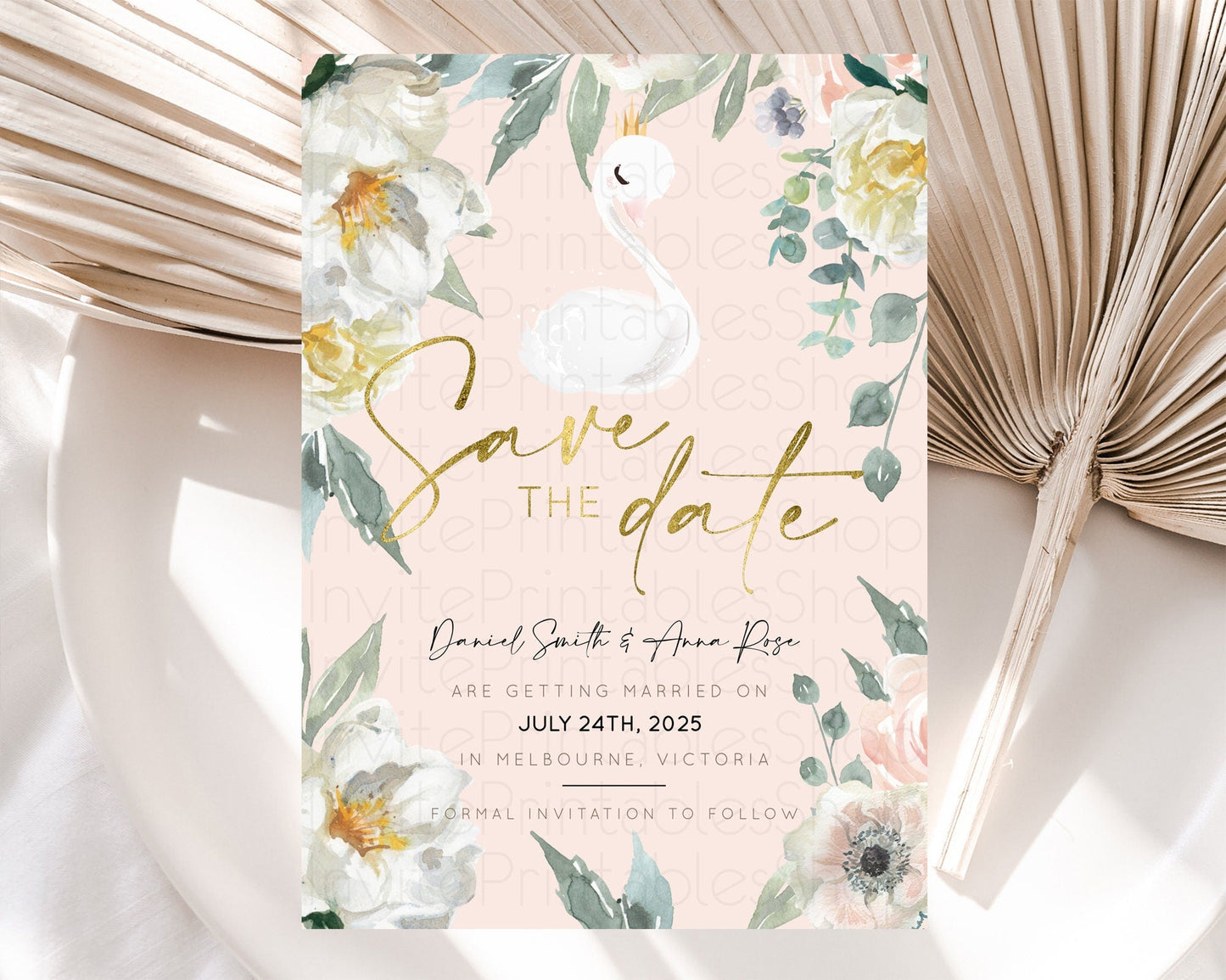 Swan Save The Date Template Swan Princess Ballet Party Enchanted Swan Lake Secret Garden Pastel Floral Birthday Baptism Baby Shower D10115