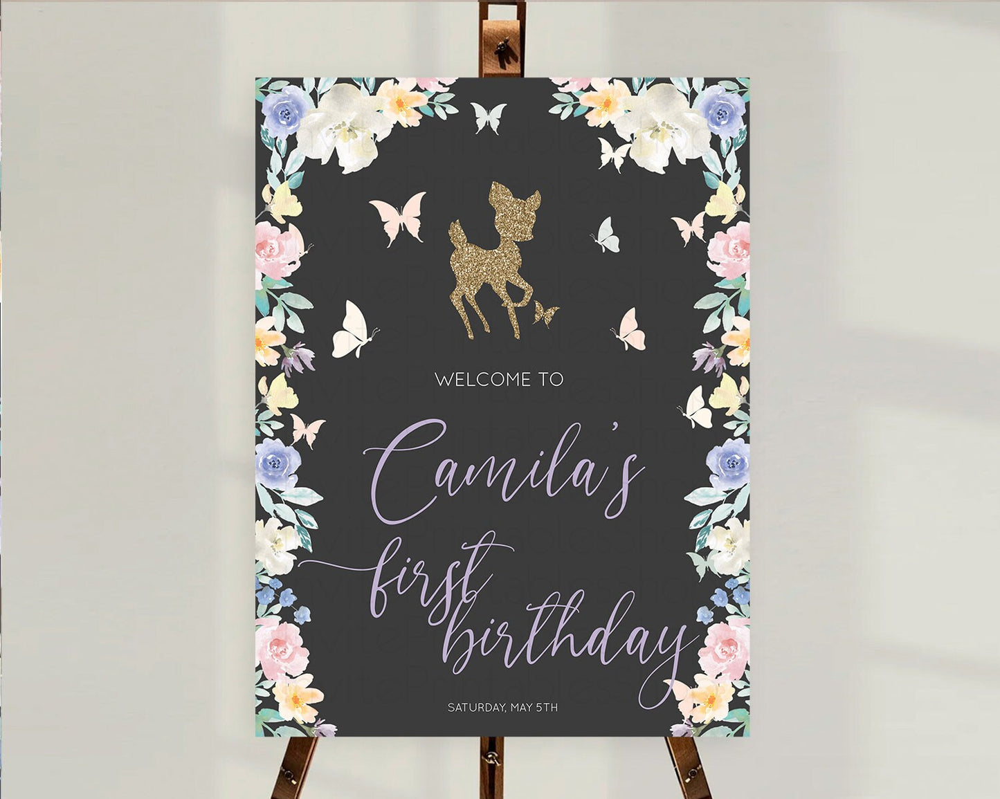 Fawn Welcome Sign Deer Welcome Board Floral Deer Welcome Poster Enchanted Forest Butterfly Pastel Floral First Birthday Welcome Sign D10323