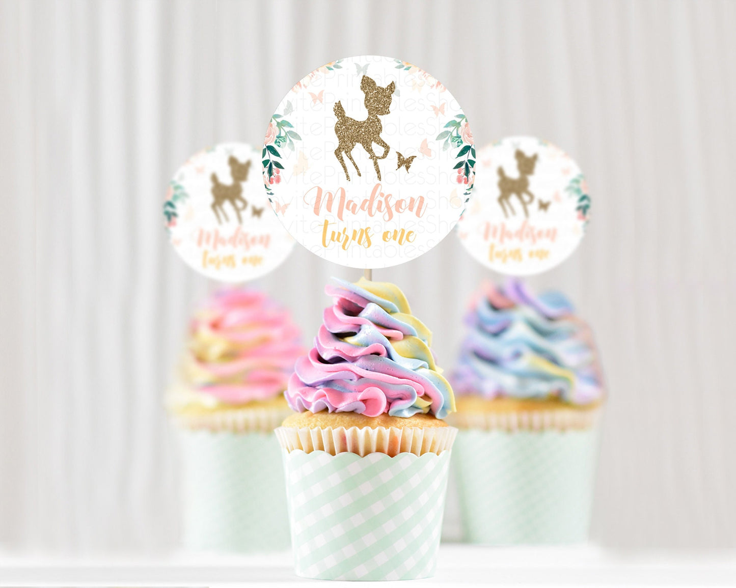 Fawn Cupcake Toppers Deer Cupcake Toppers Enchanted Forest Party Butterfly Pastel Flowers Woofland Cupcake Toppers First Birthday D10874