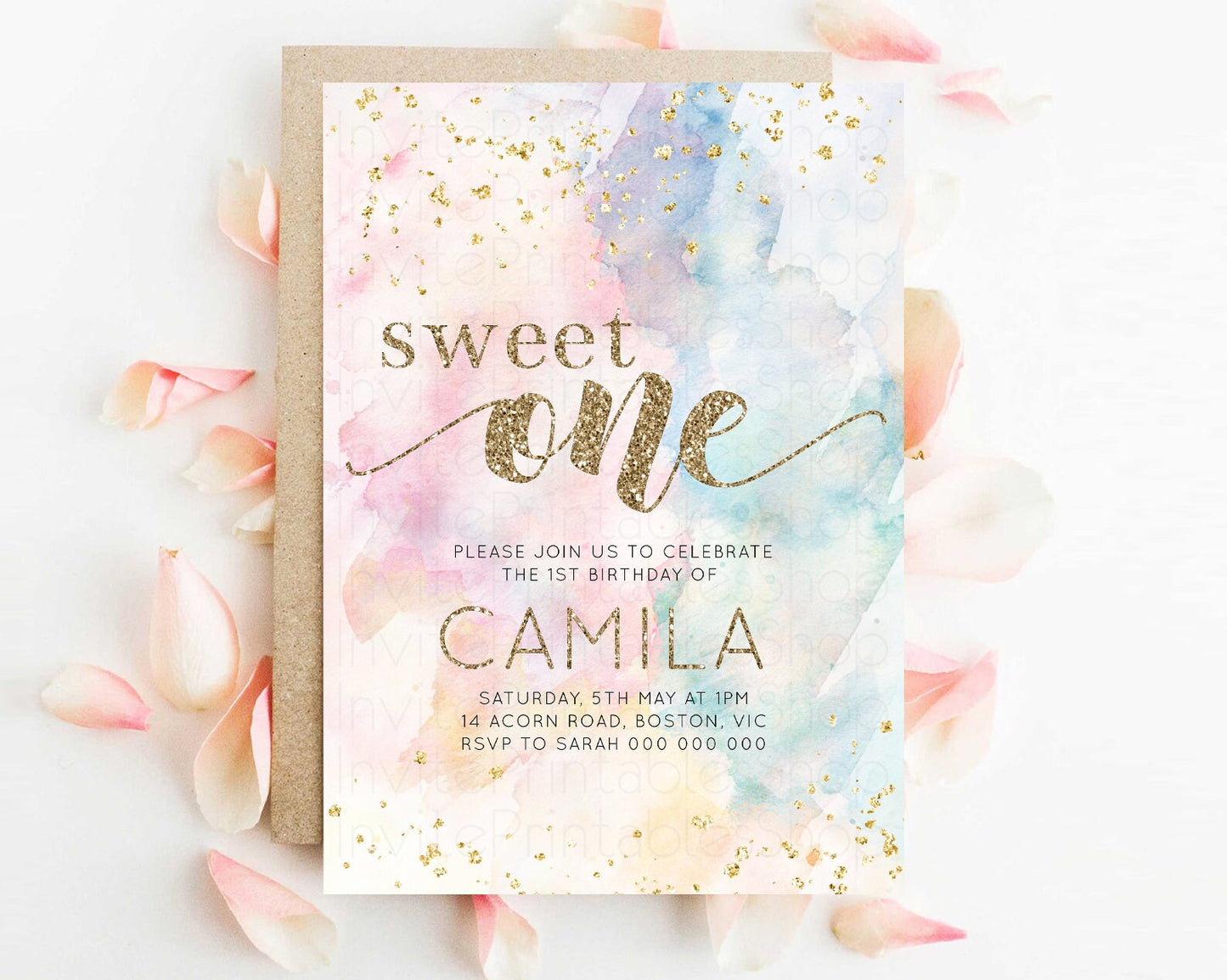 Rainbow Birthday Invitation Glitter Pastel Invitation Colorful Watercolor Gold Foil Splatter Sprinkle Ombre 1st 2nd 3rd Sweet One Invite 276
