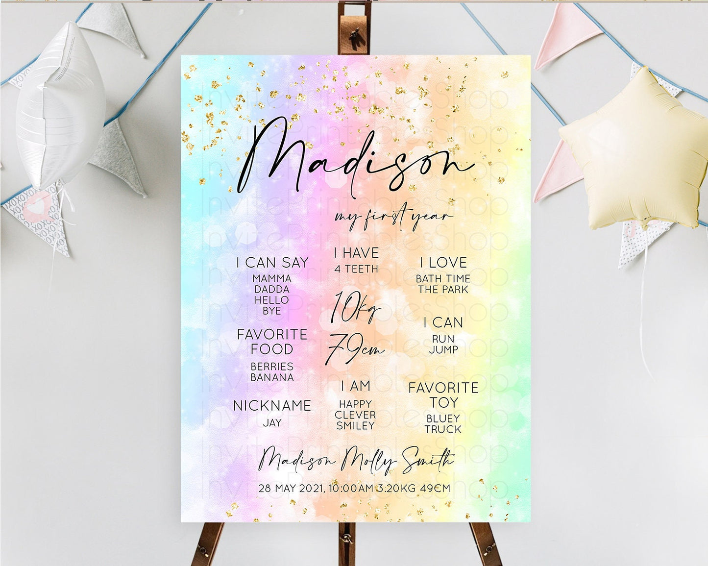 Pastel First Birthday Milestone Board Pastel Rainbow Milestone Poster Colorful Confetti Watercolor Glitter 1st Birthday Welcome Sign D10647