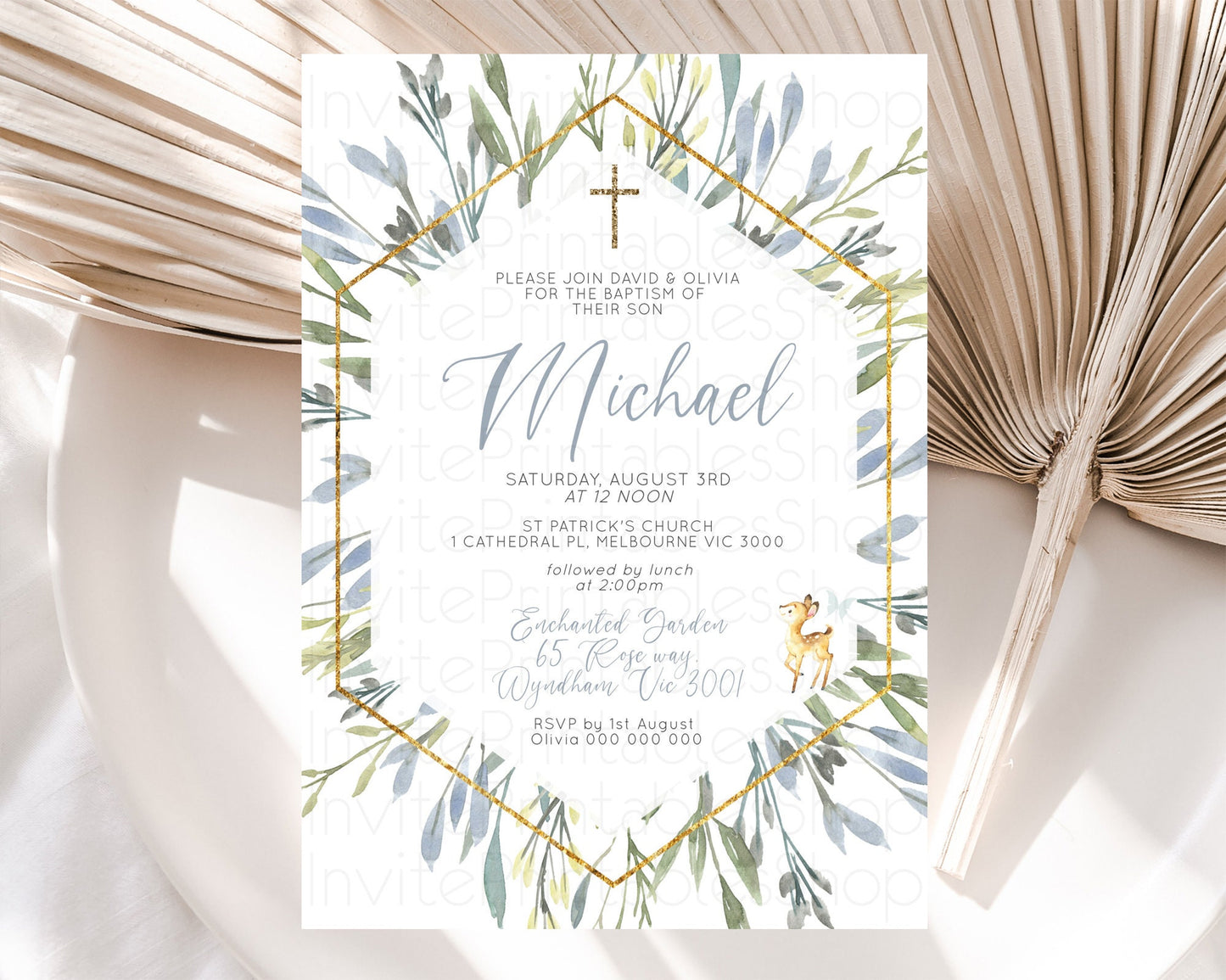 Fawn Baptism Invitation Deer Baptism 1st Birthday Invitation Enchanted Forest Christening Invitation Pastel Garden Butterfly Floral D10400