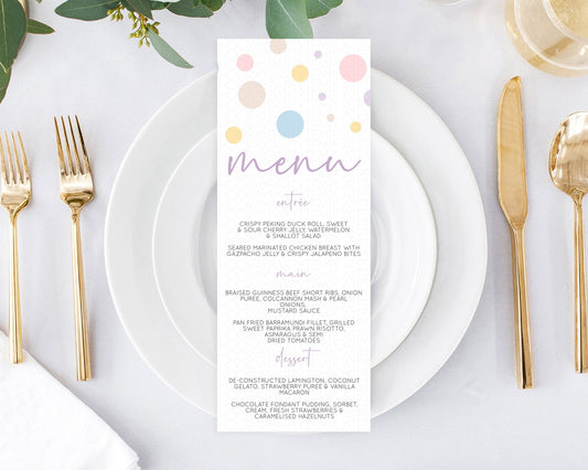 Rainbow Menu Pastel Menu Template Pastel Rainbow Table Decor Confetti Colorful Pastel Menu Confetti Menu Dinner Plate Party Decor D10759