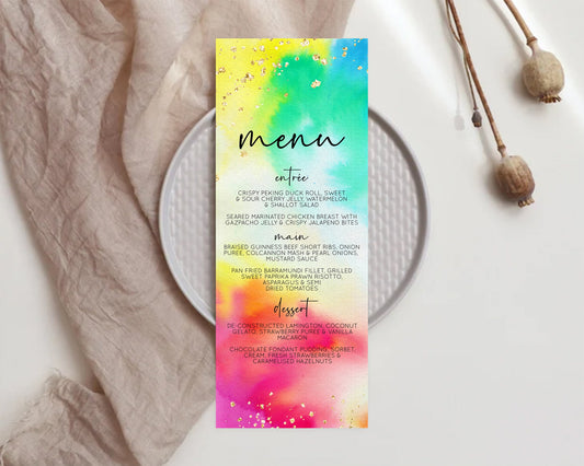 Tie Dye Menu Template Rainbow Tie Dye Menu Pastel Watercolor Table Decor Colorful Pastel Menu Rainbow Ombre Dinner Dessert Food Menu D10462