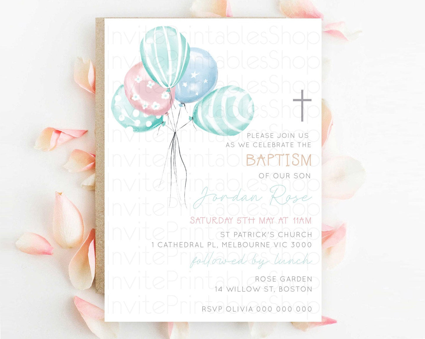 Balloon Baptism Invitation Pastel Baptism 1st Birthday Invitation Pastel Balloon Christening Invite Colorful Rainbow Balloon Invites D22997