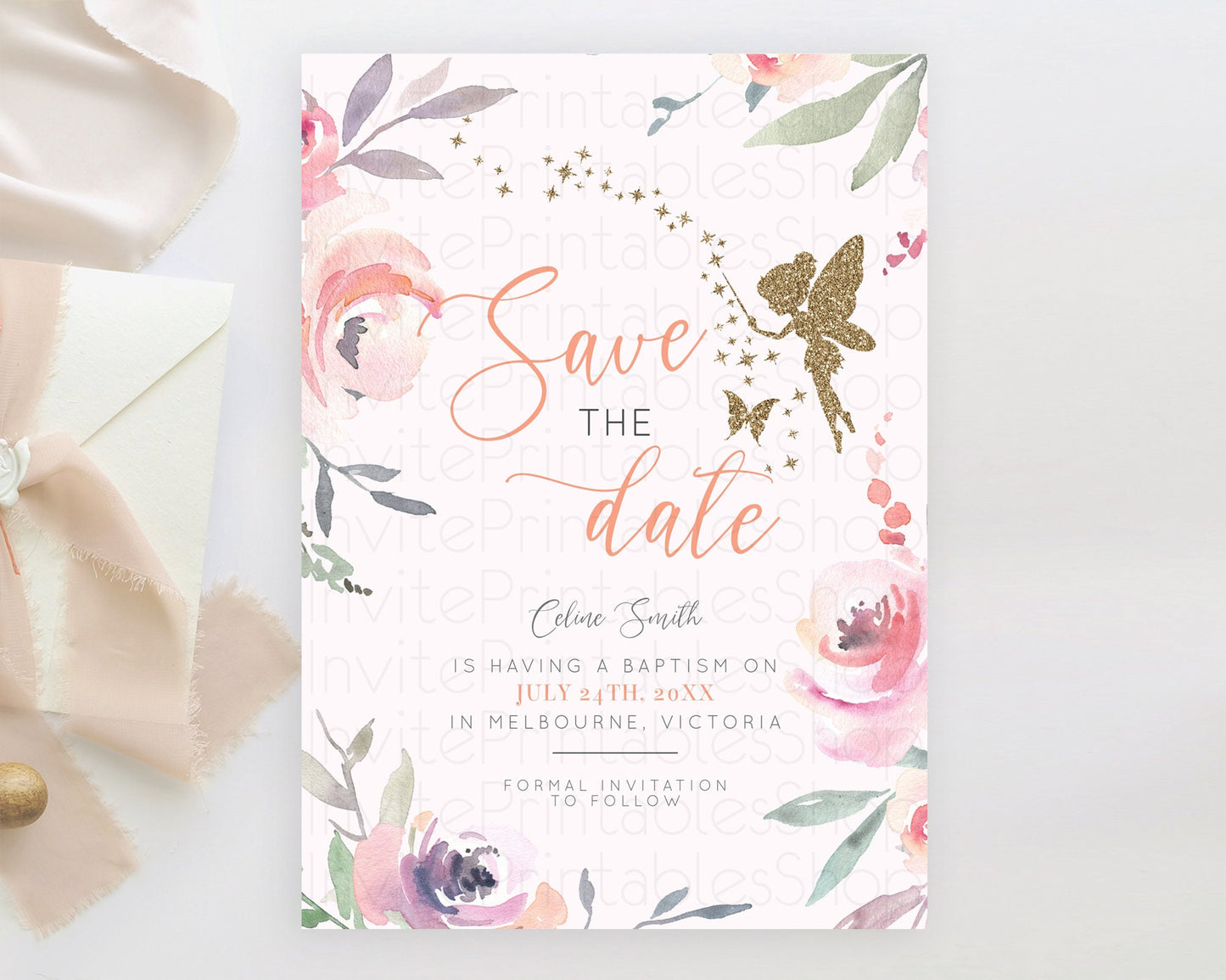 Fairy Save The Date Template Enchanted Garden Pastel Floral Butterfly Party Secret Garden Birthday Baptism Baby Shower Bridal Shower D10197