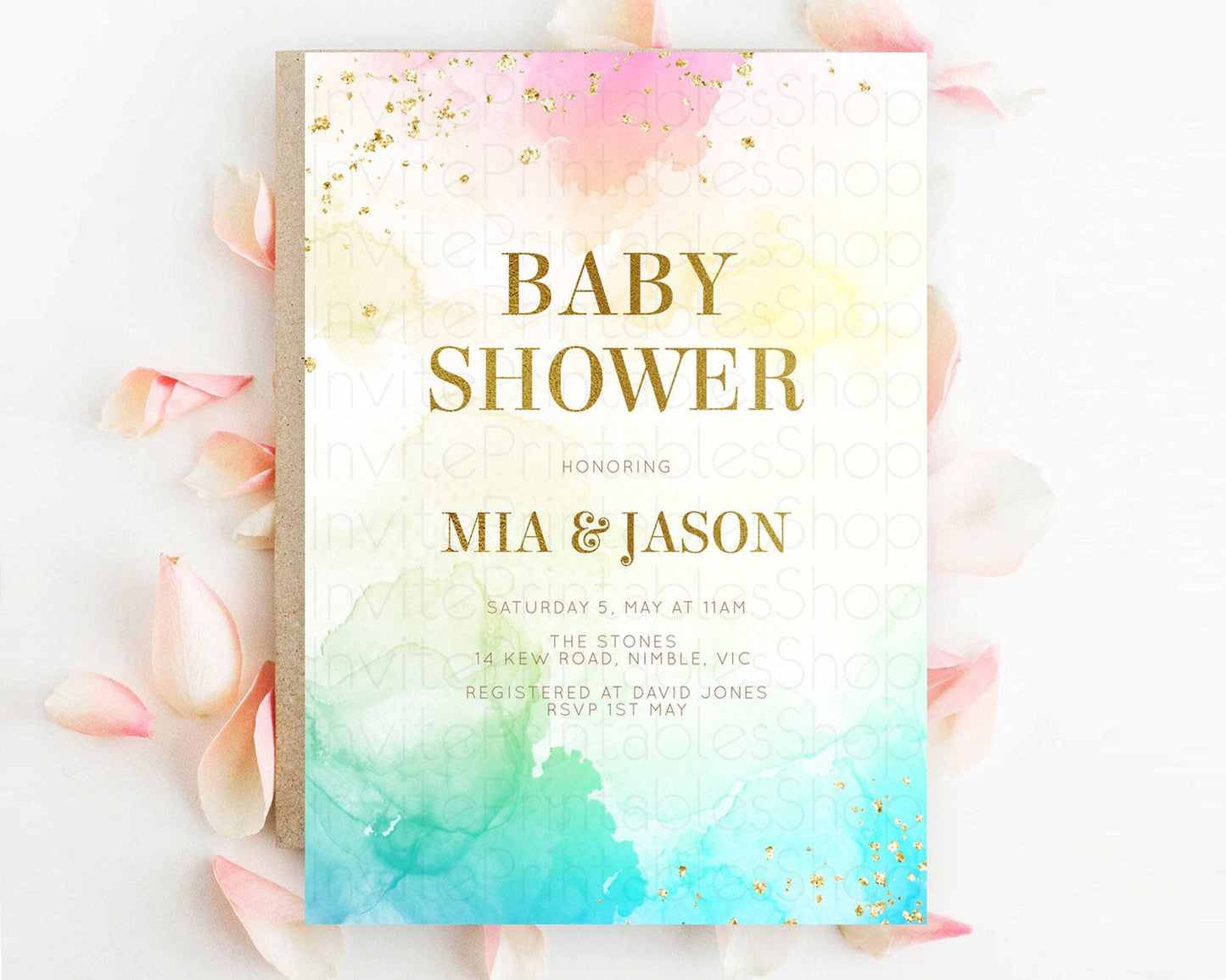 Pastel Baby Shower Invitation Rainbow Baby Shower Invitation Colorful Pastel Watercolor Invitation Gold Glitter Sprinkles Ombre D10770