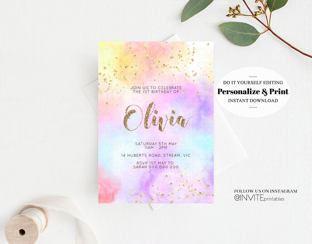 Rainbow Birthday Invitation Ombre Pastel Invitation Colorful Watercolor Splash Invite Gold Glitter Sprinkles Printable Digital Invite 499