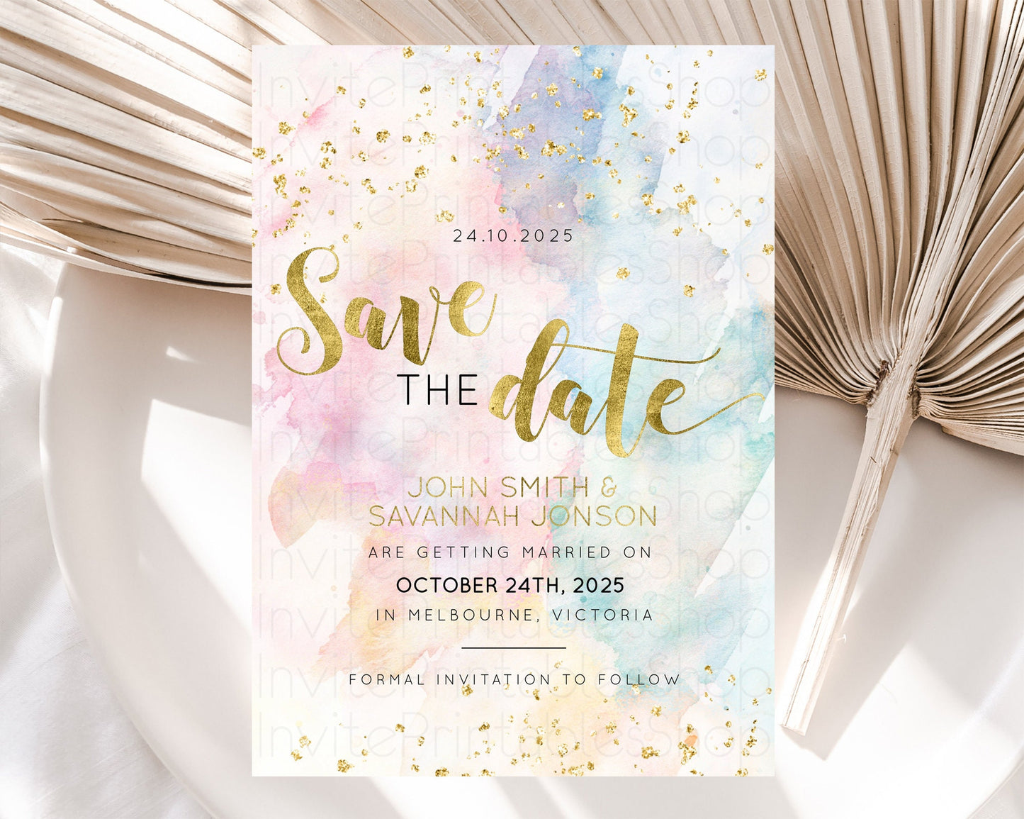 Pastel Save The Date Template Pastel Ombre Rainbow Watercolor Colorful Party For Birthday Baptism Baby Shower Wedding Bridal Shower D10265