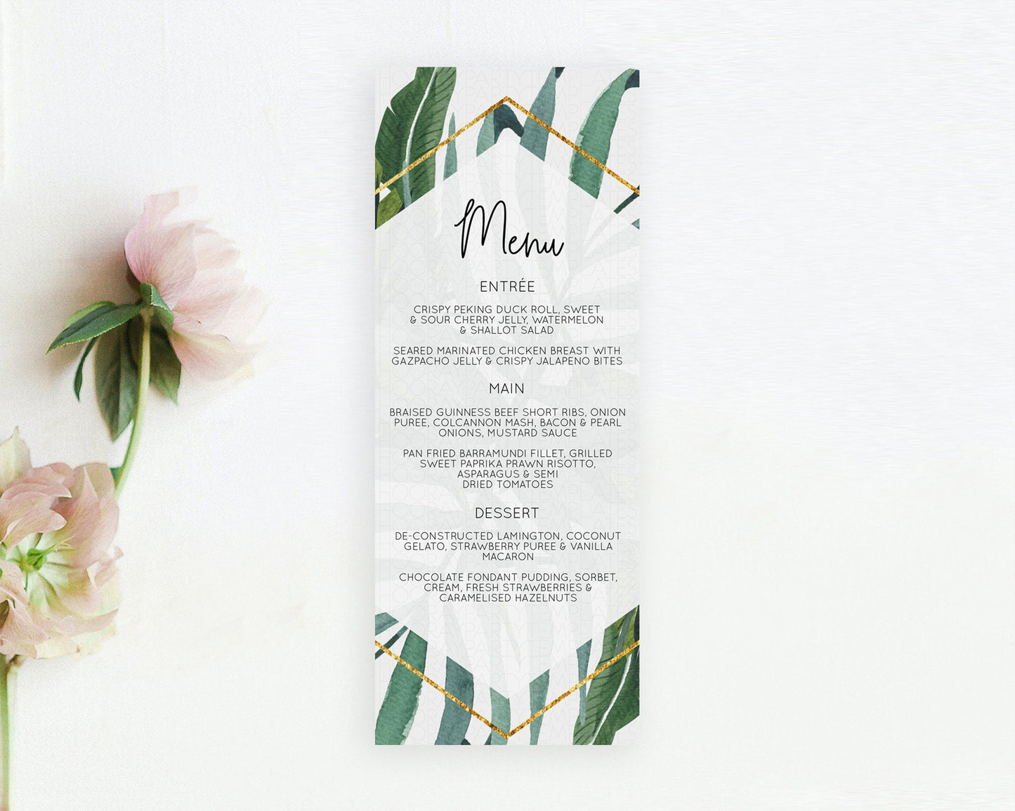 Tropical Menu Template Tropical Menu Palm Leaf Fern Table Decor Frangipani Floral White Orchid Dinner Dessert Menu Party Food Menu D11045