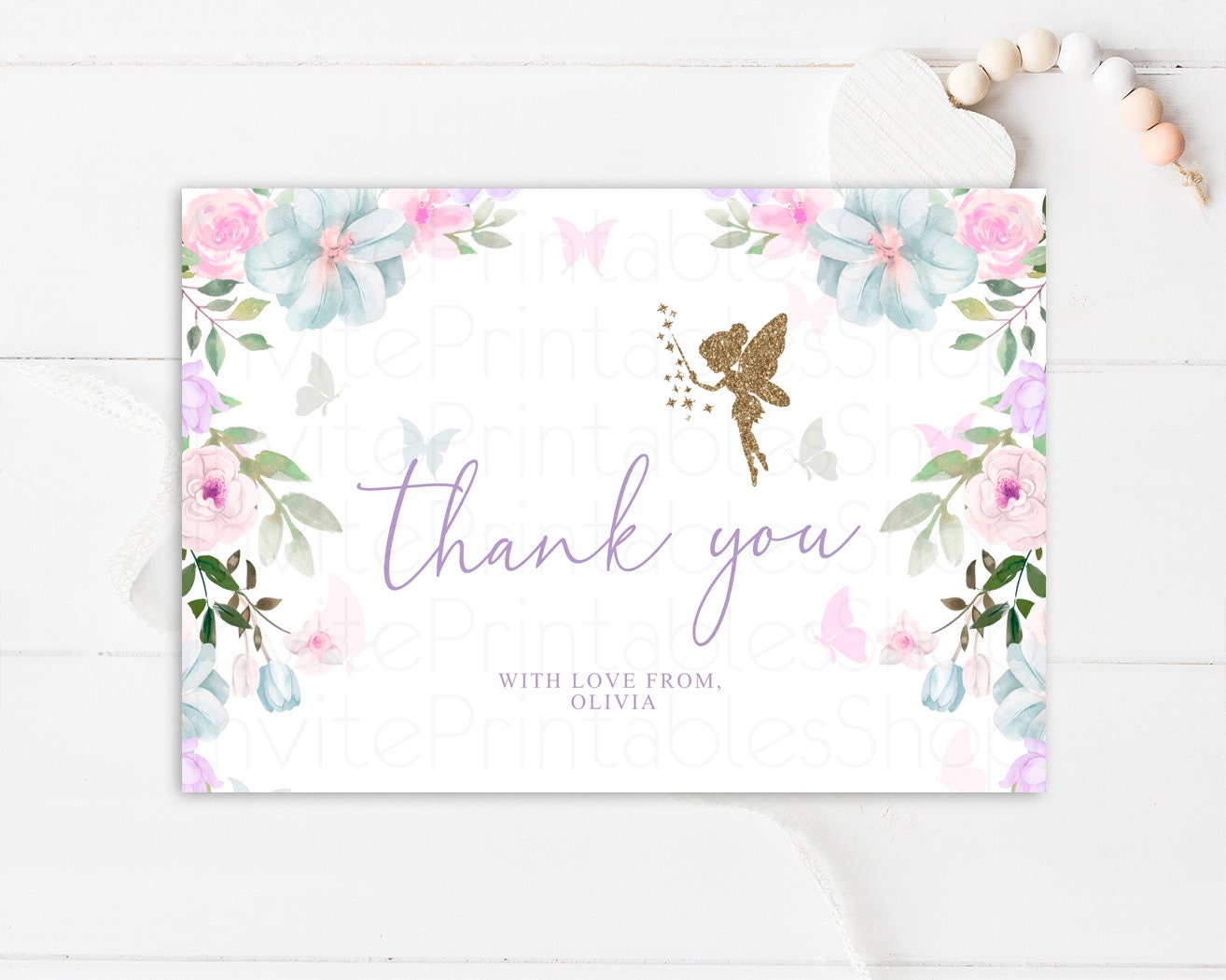 Fairy Thank you Pastel Floral Folded Card Colorful Fairy Garden Thank You Postcard Custom Message Purple Pink Birthday Baby Shower 513V3