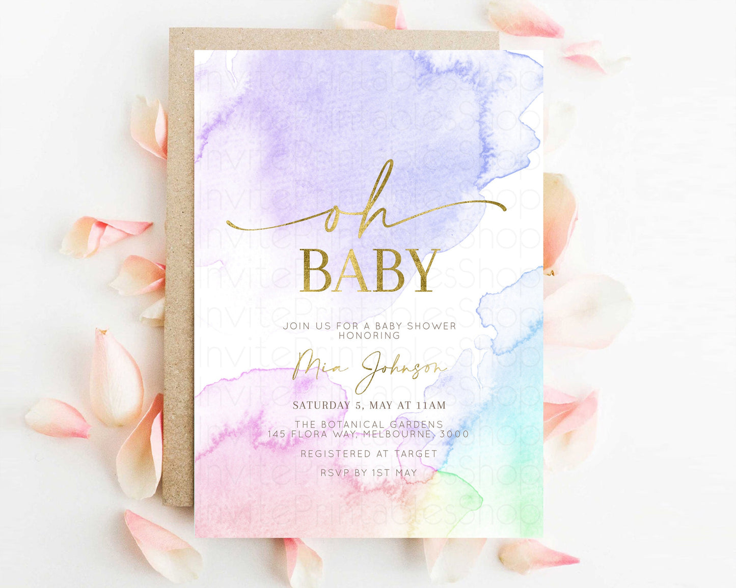 Rainbow Baby Shower Invitation Pastel Watercolor Invitation Ombre Splash Invite Glitter Confetti Sprinkles Colorful Gender Neutral 193