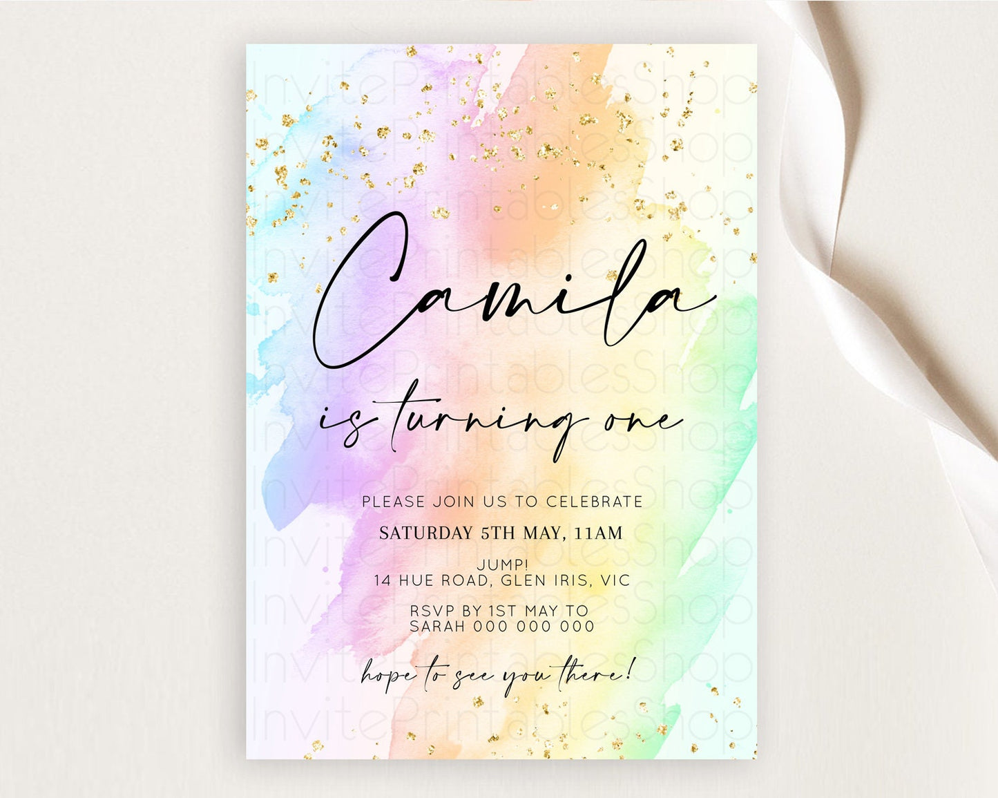 Rainbow Birthday Invitation Colorful Pastel Watercolor Invitation Gold Glitter Sprinkles Ombre Pastel 1st 2nd 3rd Birthday D10645