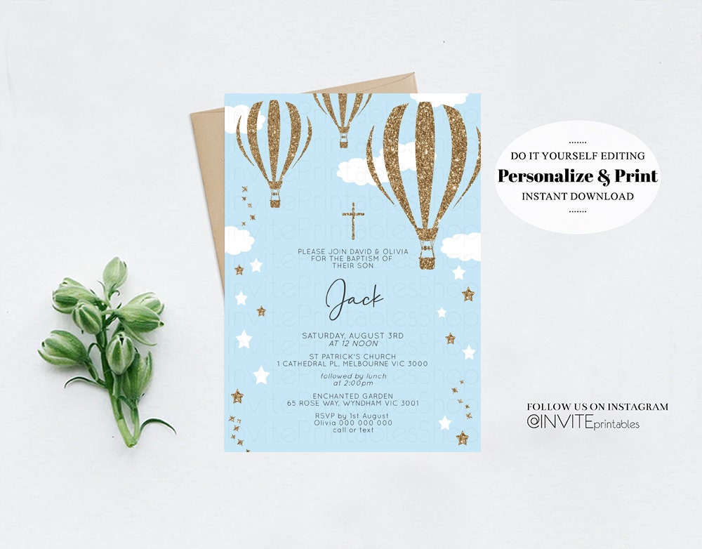 Hot Air Balloon Baptism Christening Invitation Confetti Sprinkle Magical Stars Sky Clouds Orthodox Silver Cross Blue Hotair Balloon