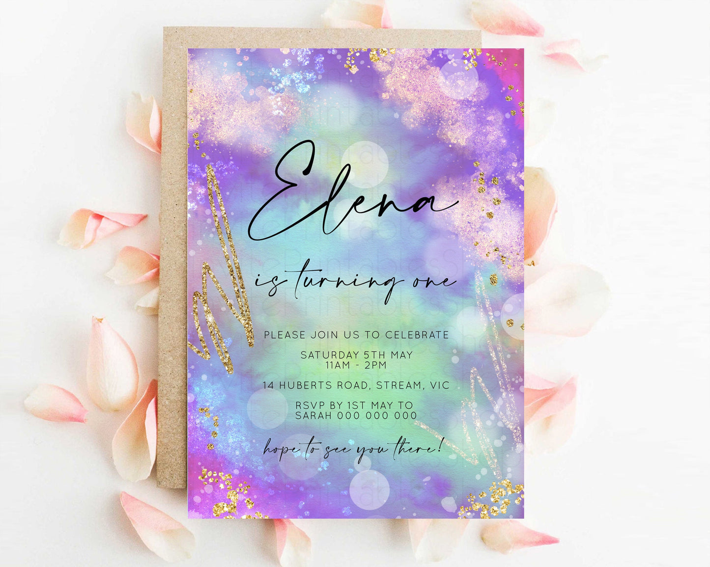 Rainbow Birthday Invitation Pastel Birthday Invite Ombre Watercolor Invite Enchanted Theme Colorful Splash Glitter Sprinkles 1st 2nd 3rd