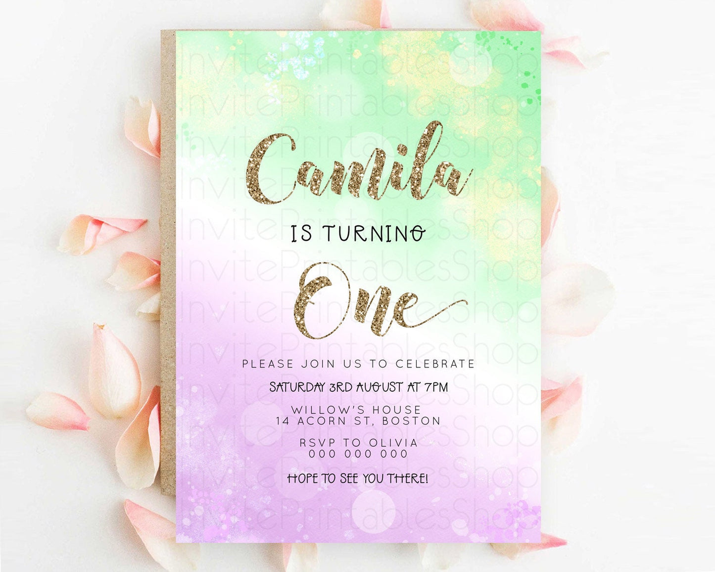 Rainbow Birthday Invitation Colorful Pastel Watercolor Invitation Gold Glitter Sprinkles Ombre Pastel 1st 2nd 3rd Birthday D23121